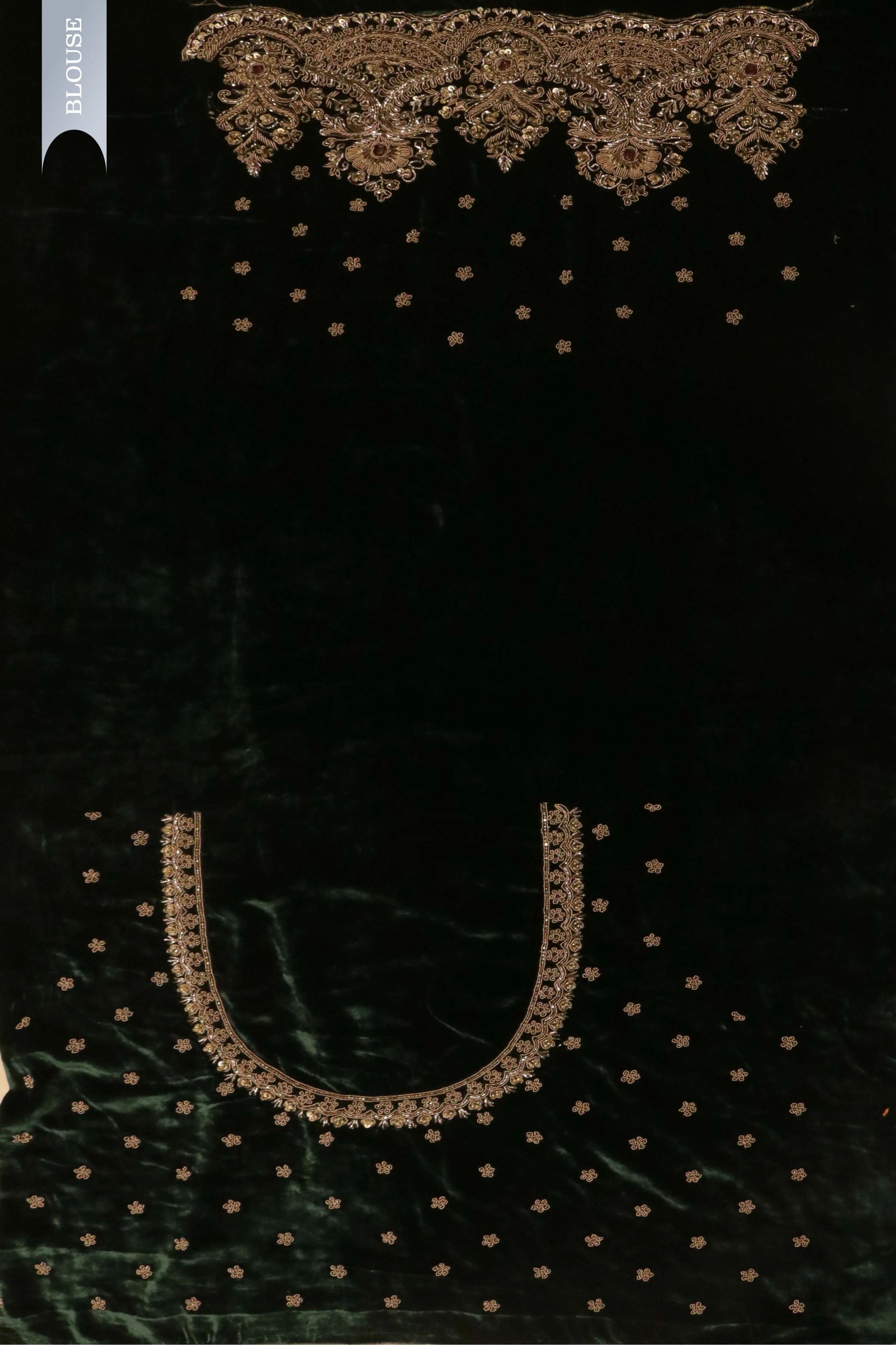 Dusty Gold Tissue Organza Saree with Jarthosi & Sequin Work and Green Velvet Blouse - Mokshaa