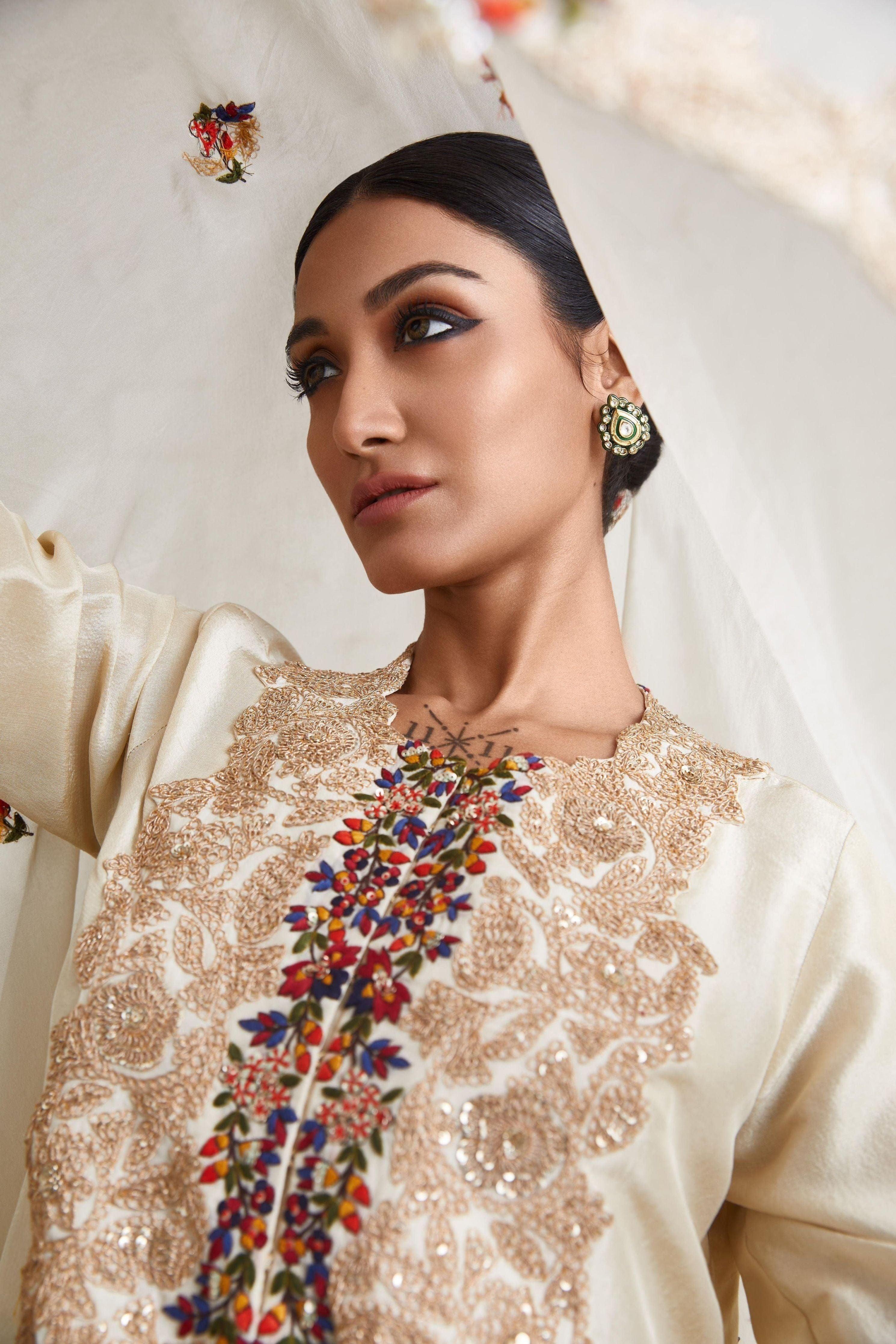 Ivory Silk Kurta With Dhoti And Dupatta - Mokshaa