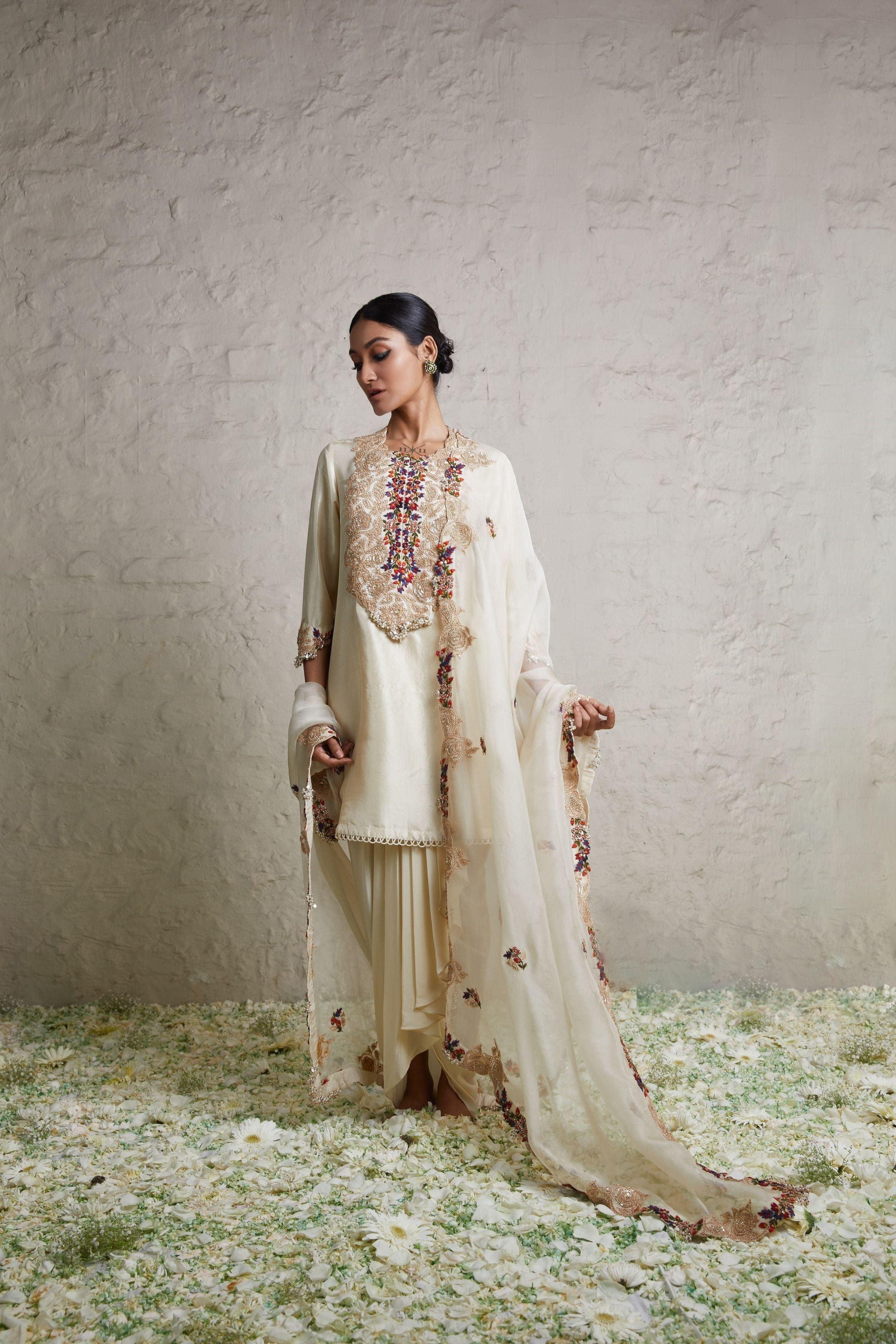 Ivory Silk Kurta With Dhoti And Dupatta - Mokshaa