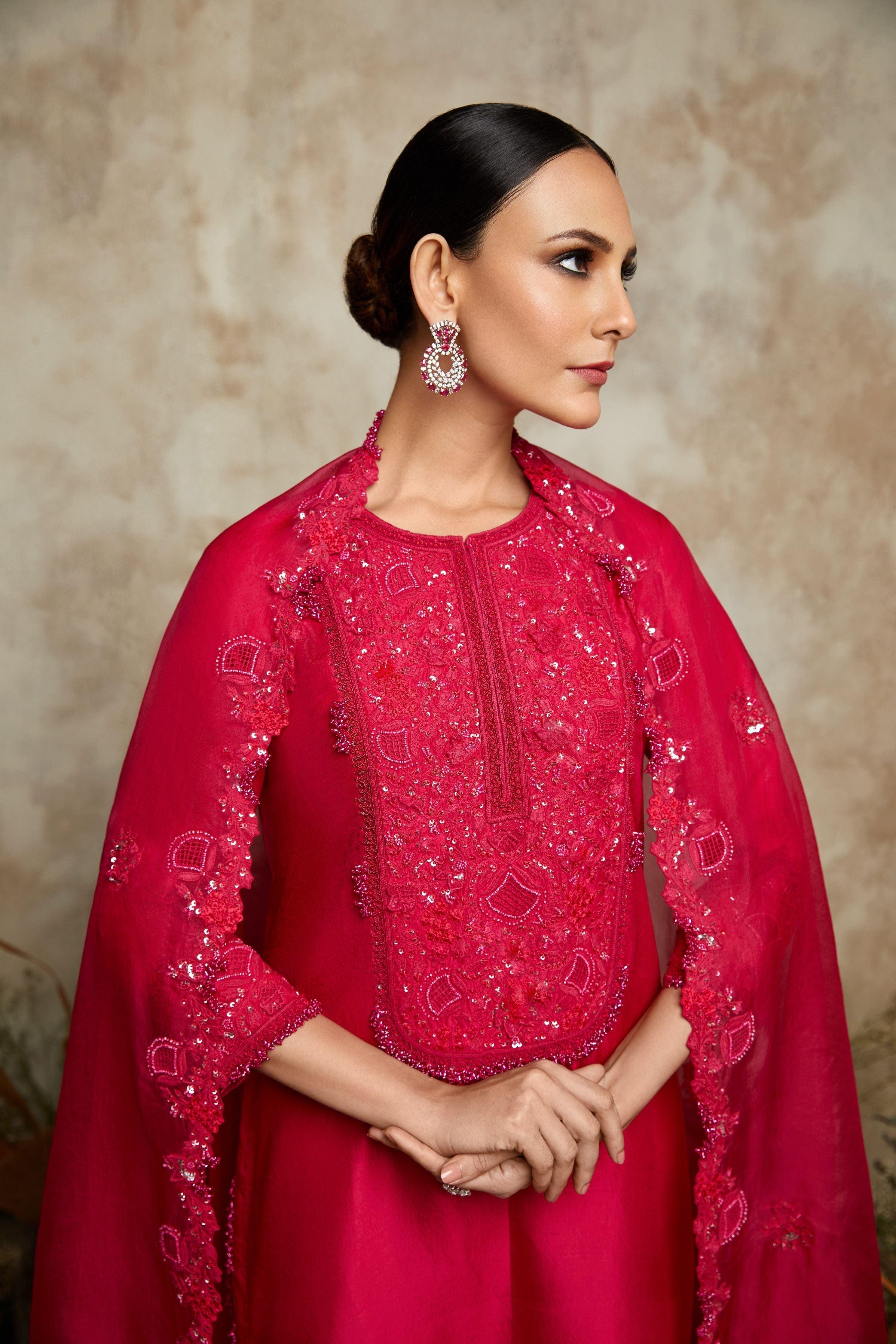 Fuscia Silk Kurta With Organza Dupatta And Cotton Satin Pants - Mokshaa