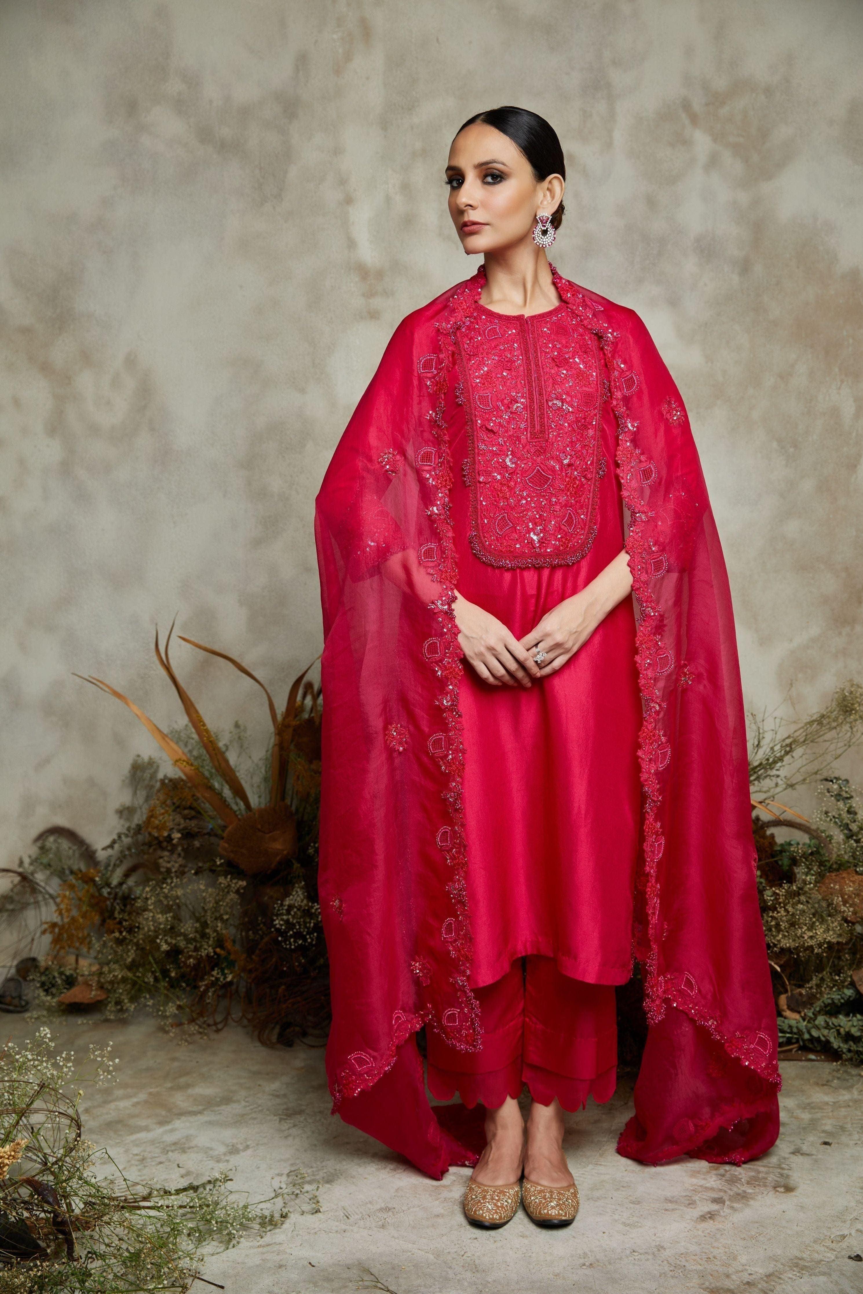 Fuscia Silk Kurta With Organza Dupatta And Cotton Satin Pants - Mokshaa