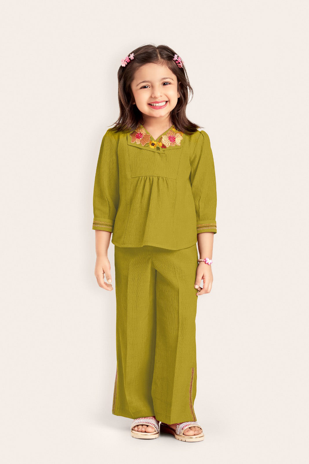 Olive Green Floral Embroidered Top & Palazzo Set for Girls