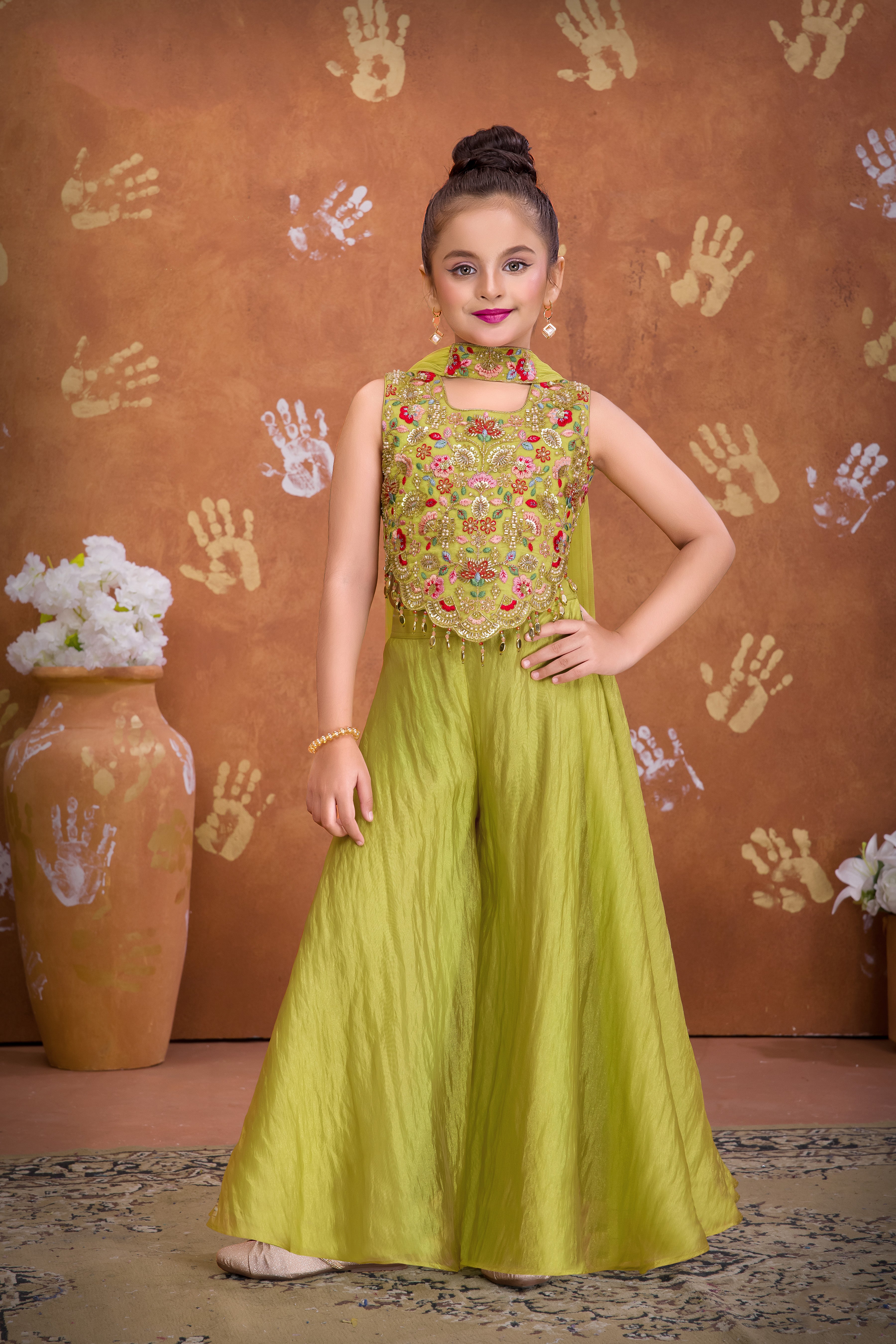 Pista Green Embroidered Crop Top & Palazzo Set for Girls