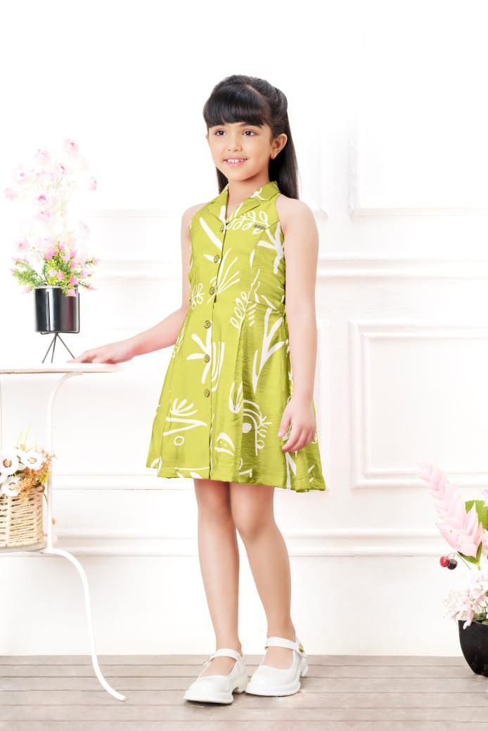 Lime Green Abstract Print Sleeveless Shirt Dress for Girls