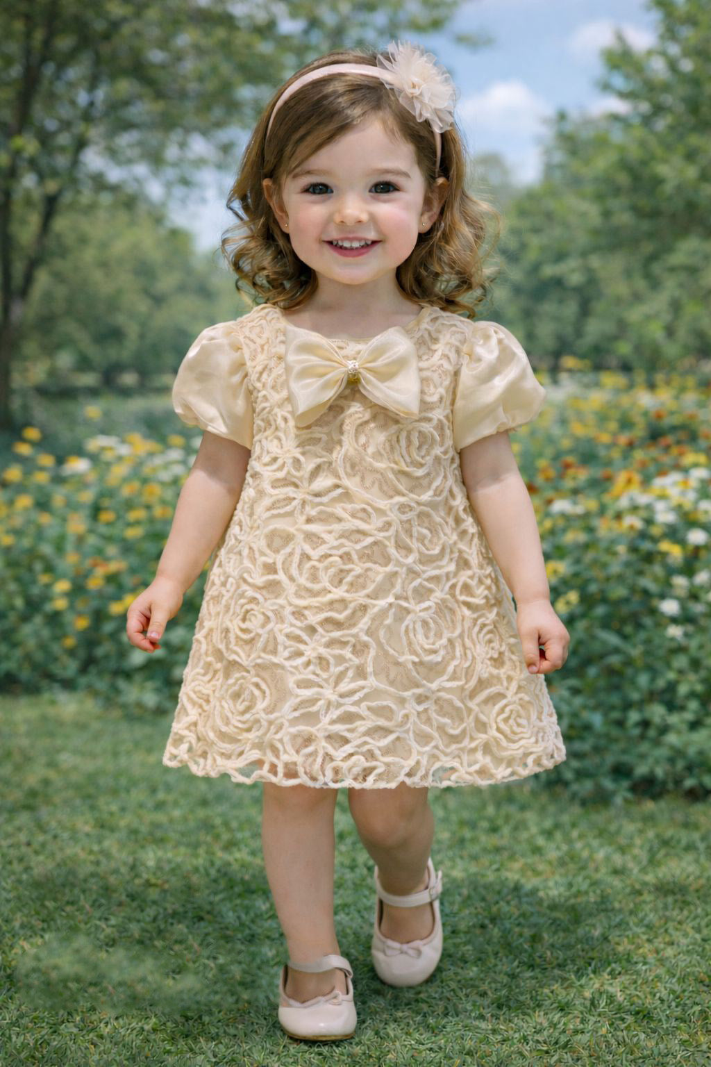 Cream Floral Lace Bow Frock for Girls