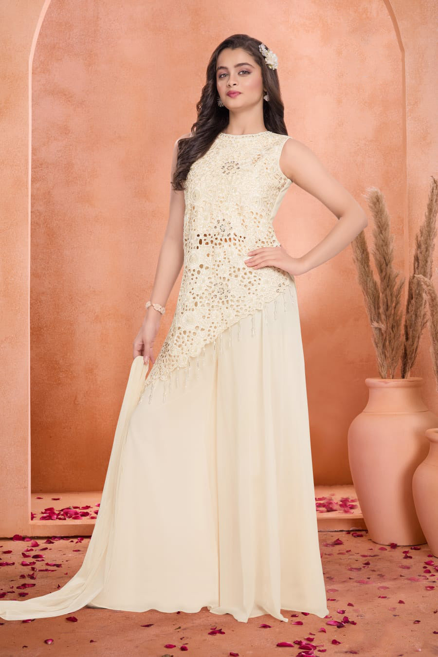 Cream Georgette Cutwork Lace Asymmetric Top & Palazzo Set