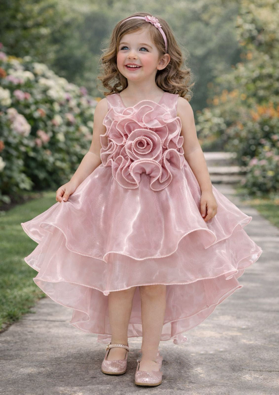 Pink Organza 3D Rose Tiered High-Low Frock for Girls