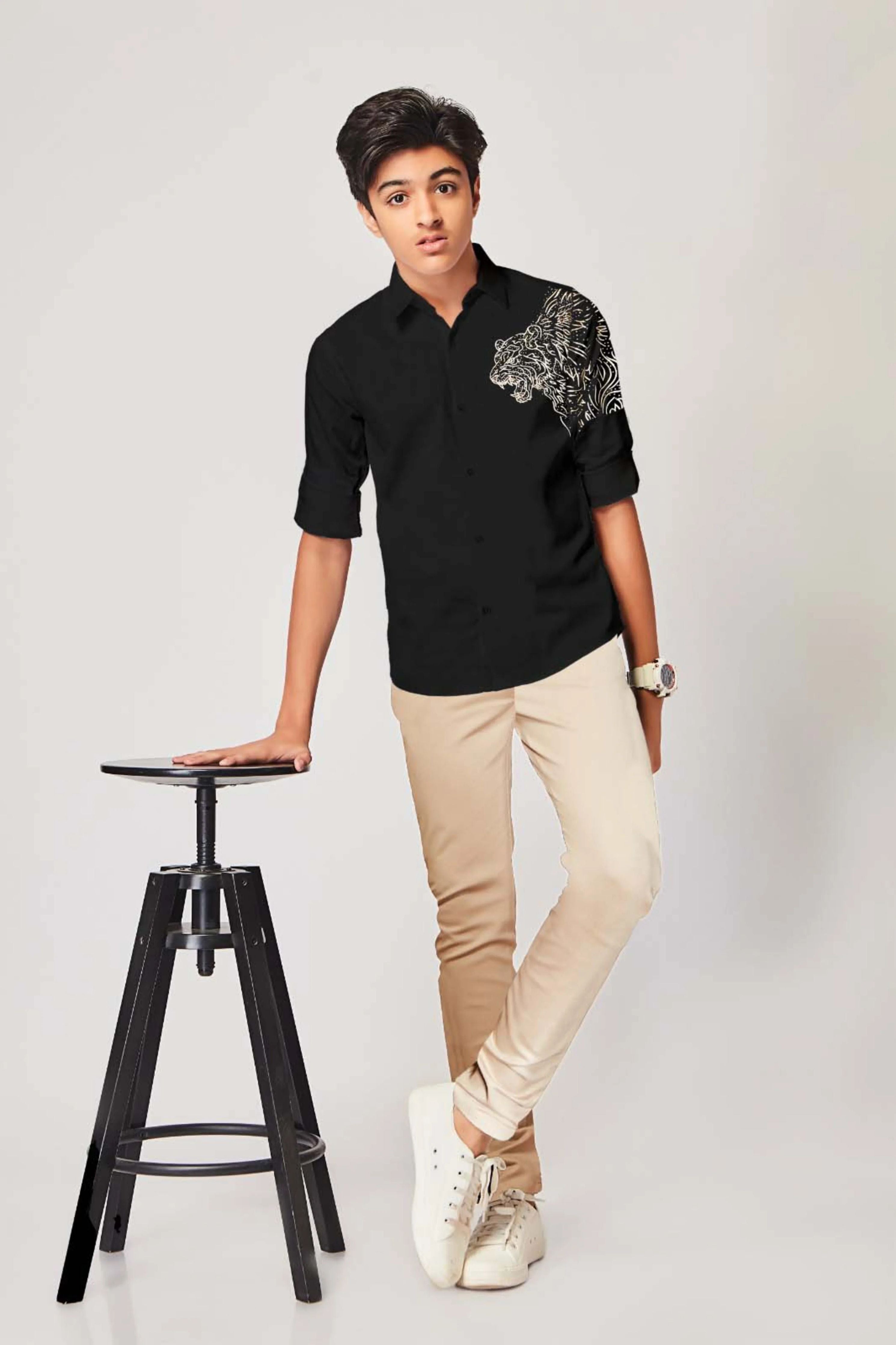 Black Boys Shirt with Lion Embroidery - Mokshaa