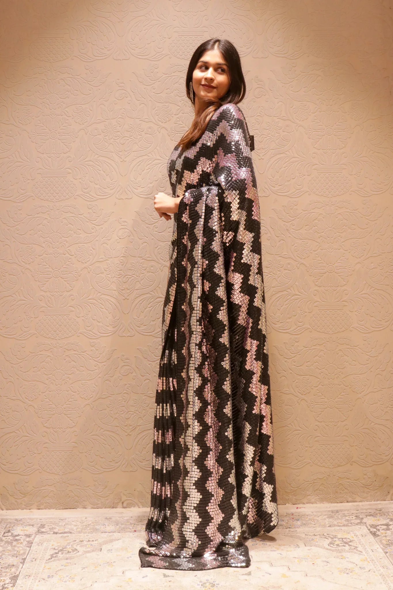 Black Georgette Saree with Silver & Black Sequin Zigzag Pattern - Mokshaa