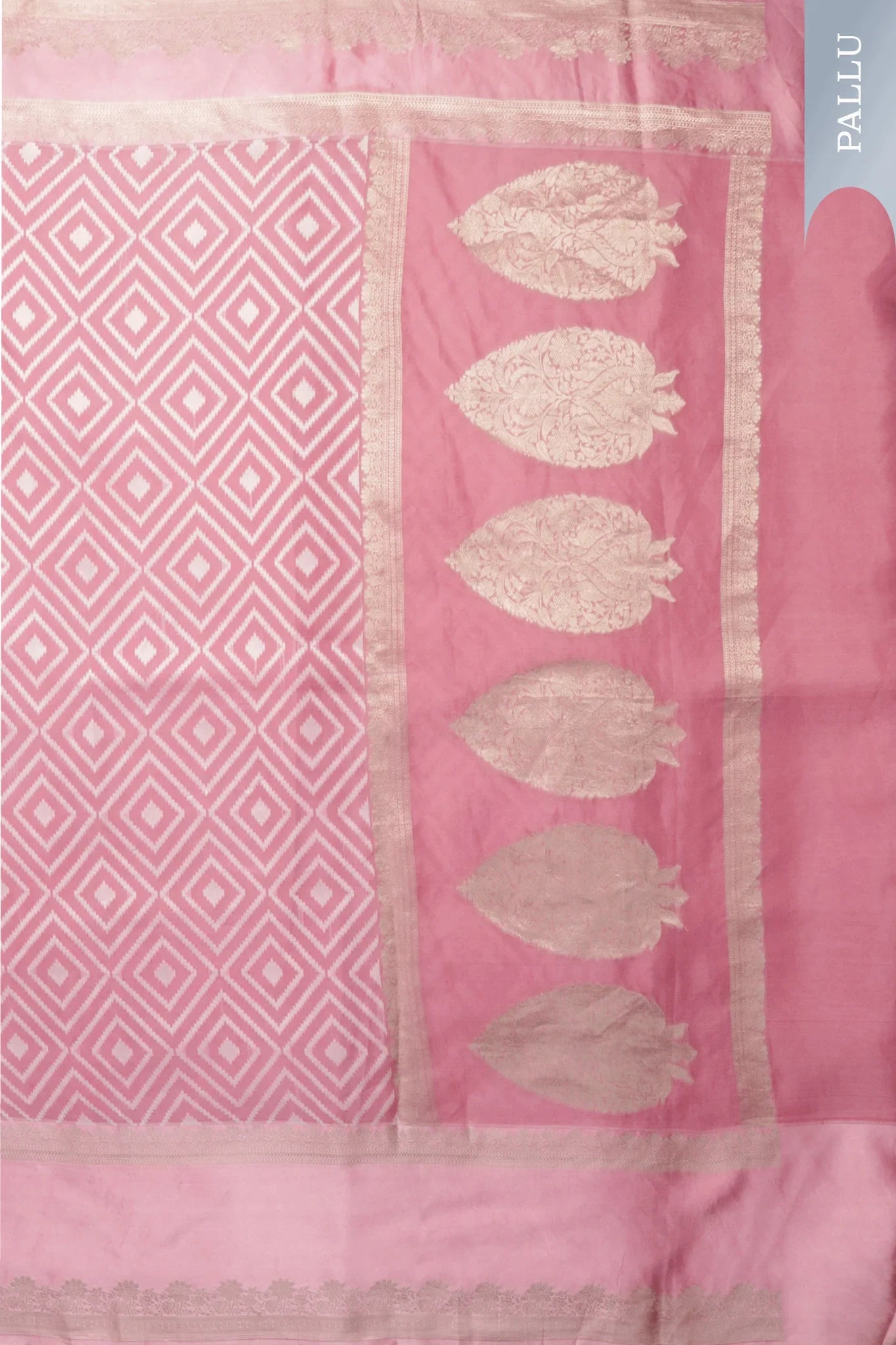 Baby Pink Banarasi Kora Saree with Geometric Weave & Satin Border - Mokshaa