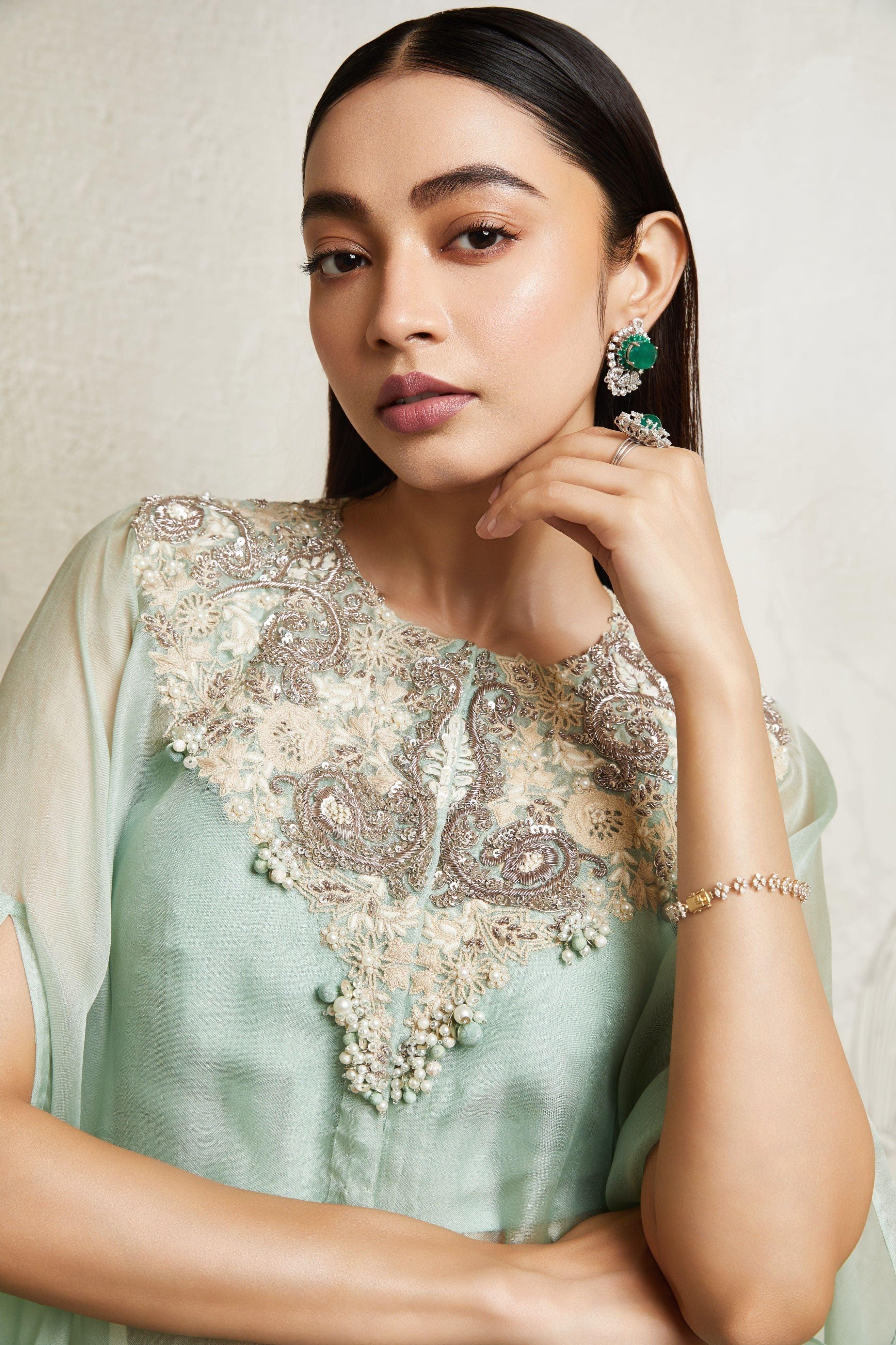 Aqua umbrella kaftaan with bustier and asymetric pants - Mokshaa