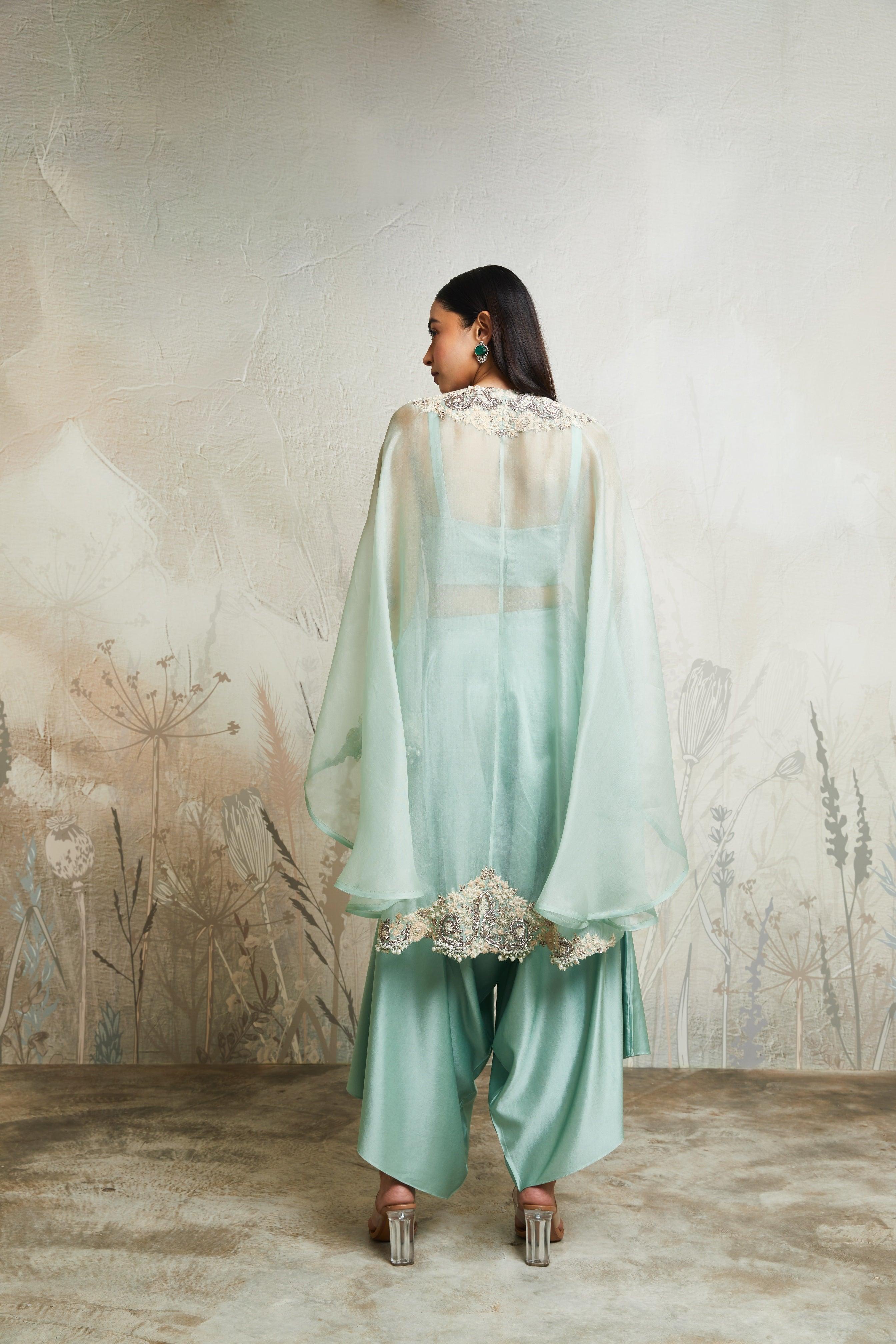 Aqua umbrella kaftaan with bustier and asymetric pants - Mokshaa