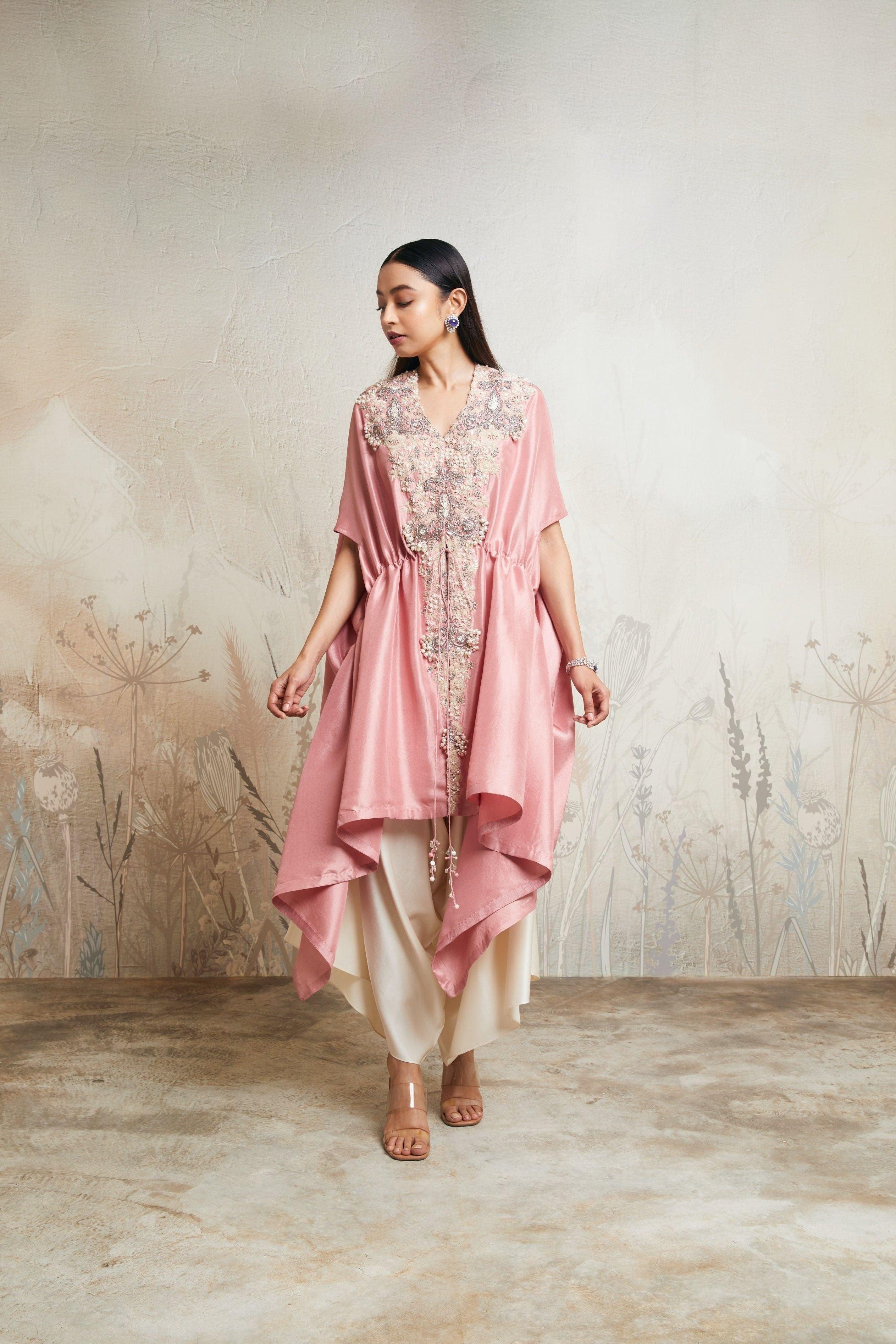 Dark Flamingo Pull Dori Kaftan Set with Asymmetric Pants - Mokshaa