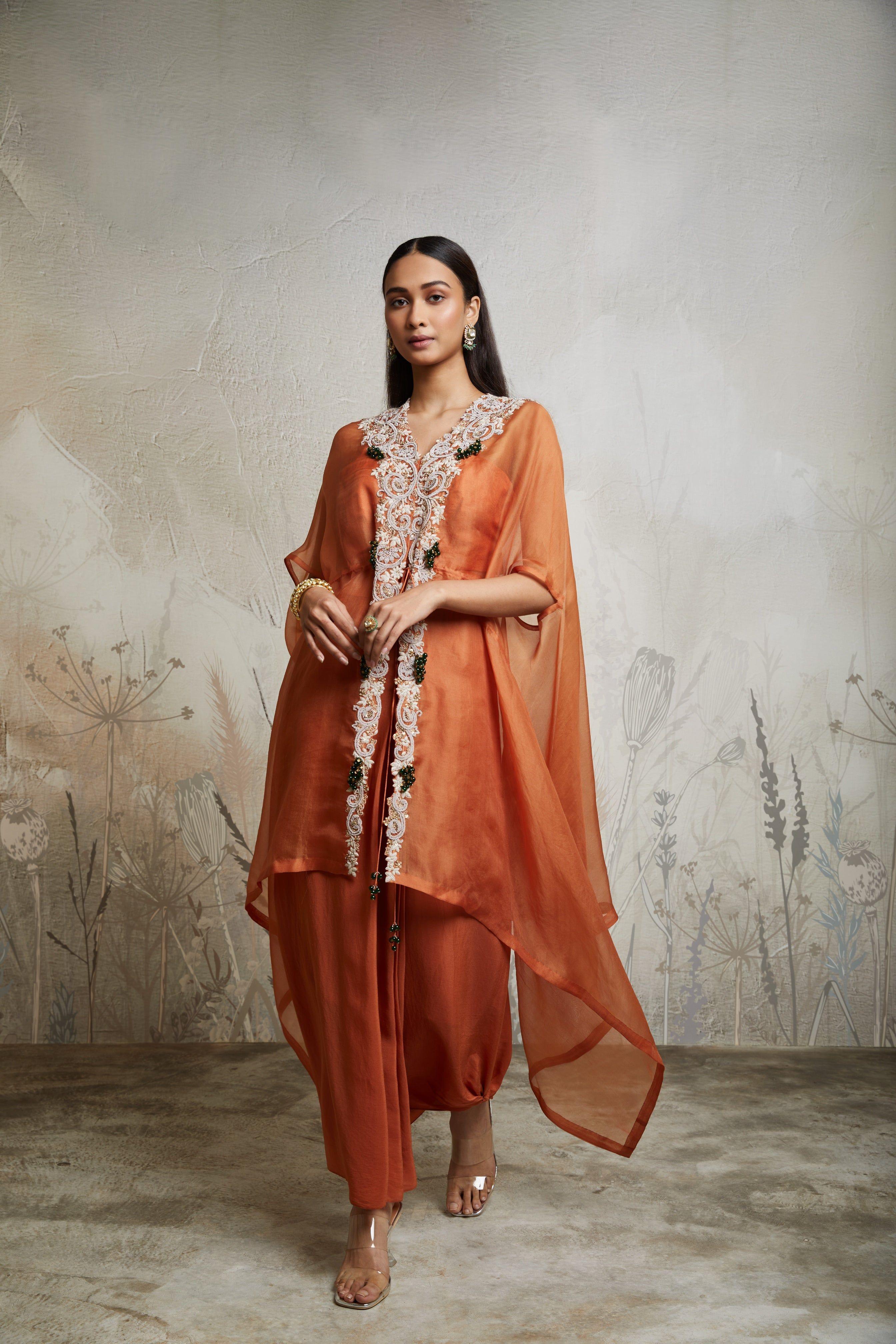 Rust Pull Dori Kaftan Set with Bustier & Asymmetric Pants - Mokshaa