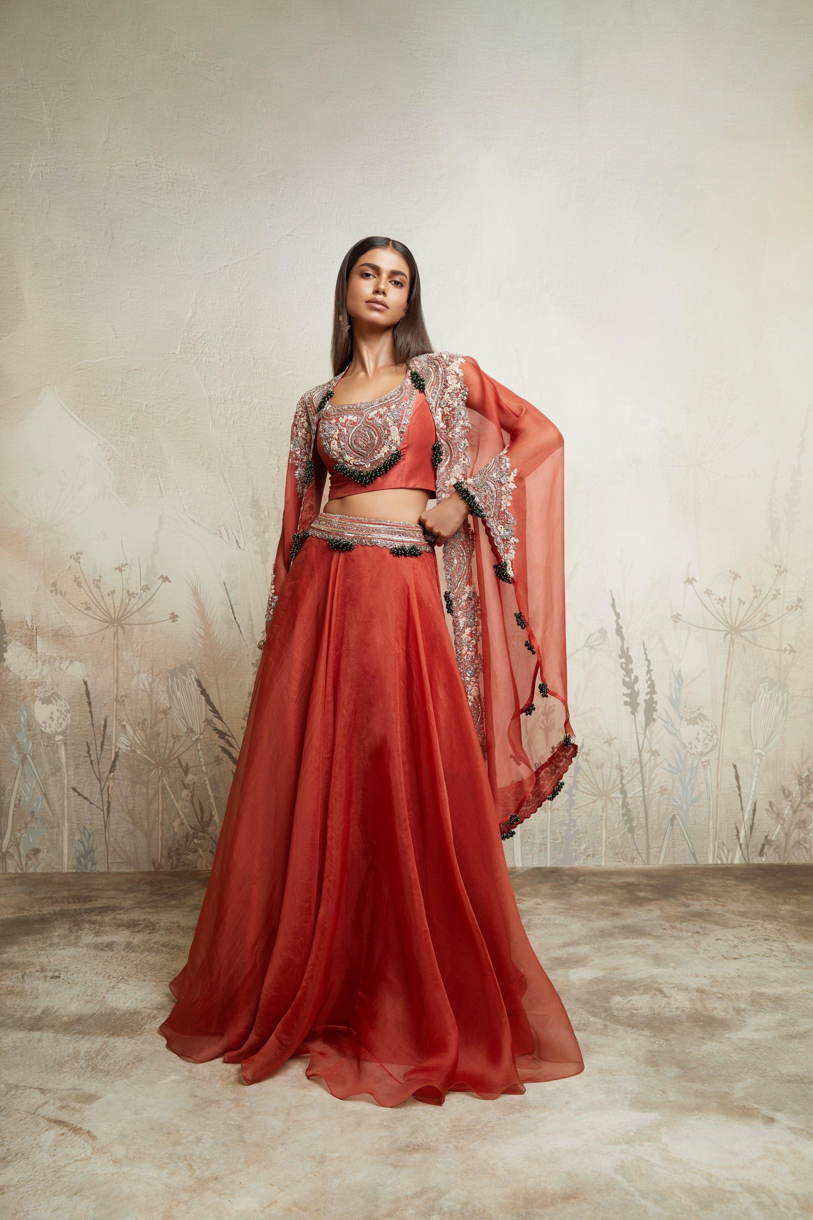 Deep Orange Blouse with Skirt and Cape - Mokshaa