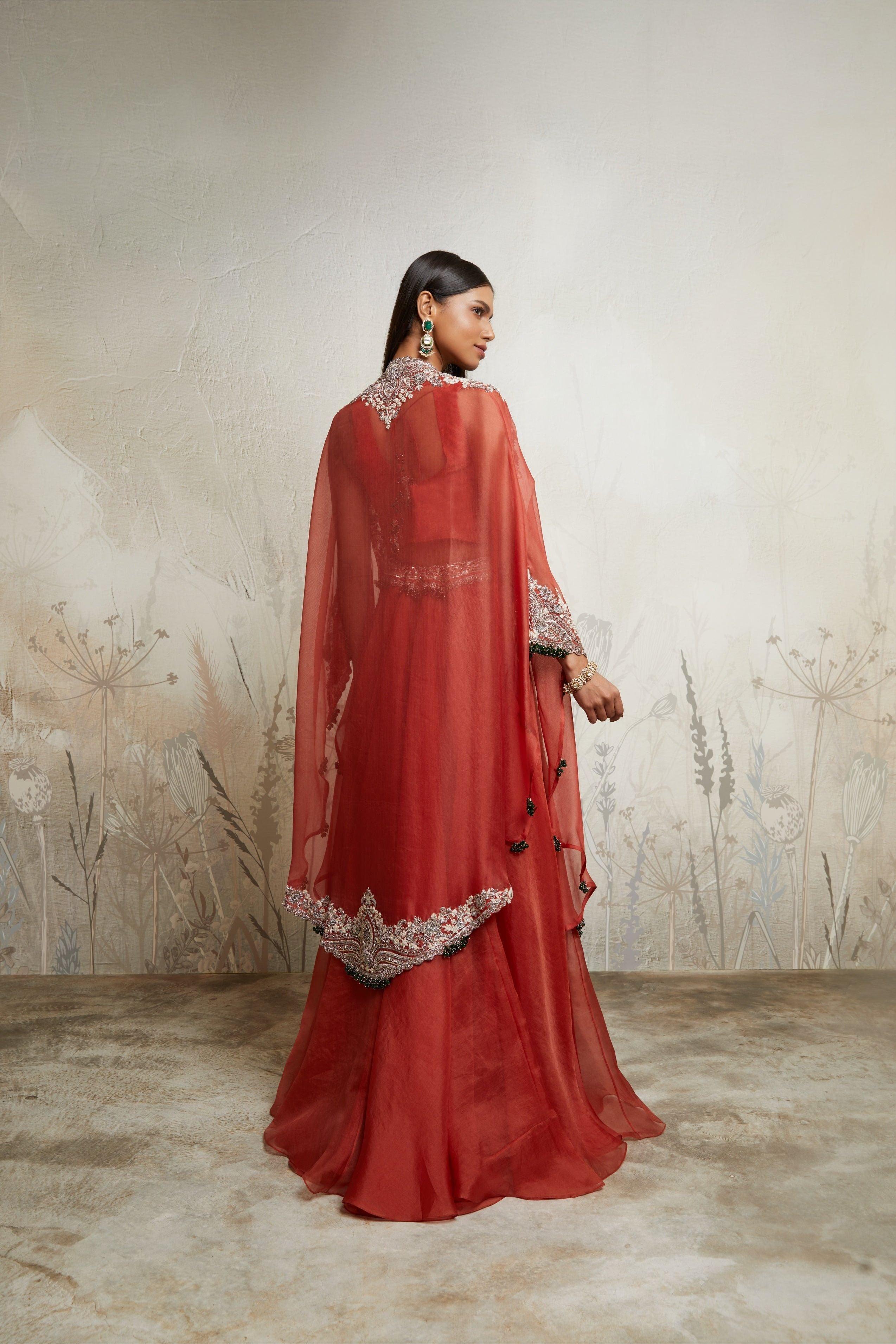 Deep Orange Blouse with Skirt and Cape - Mokshaa