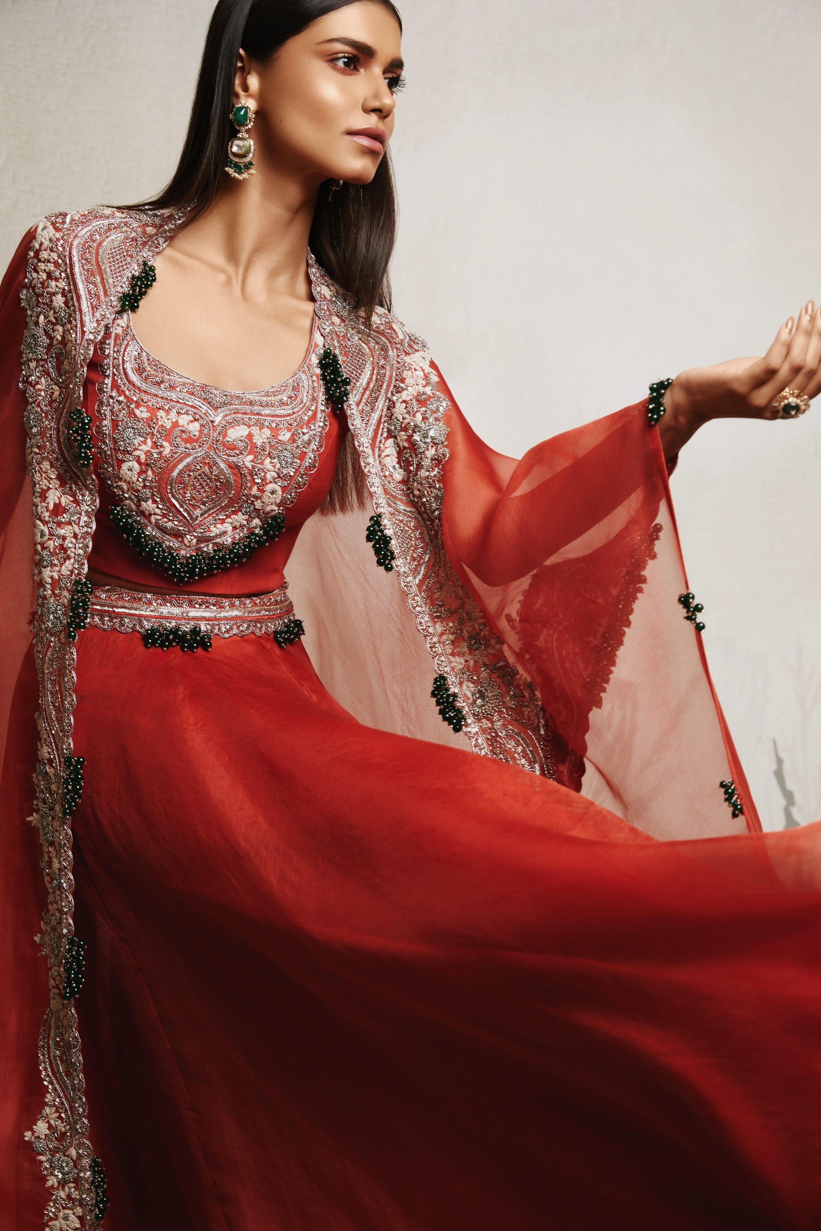 Deep Orange Blouse with Skirt and Cape - Mokshaa