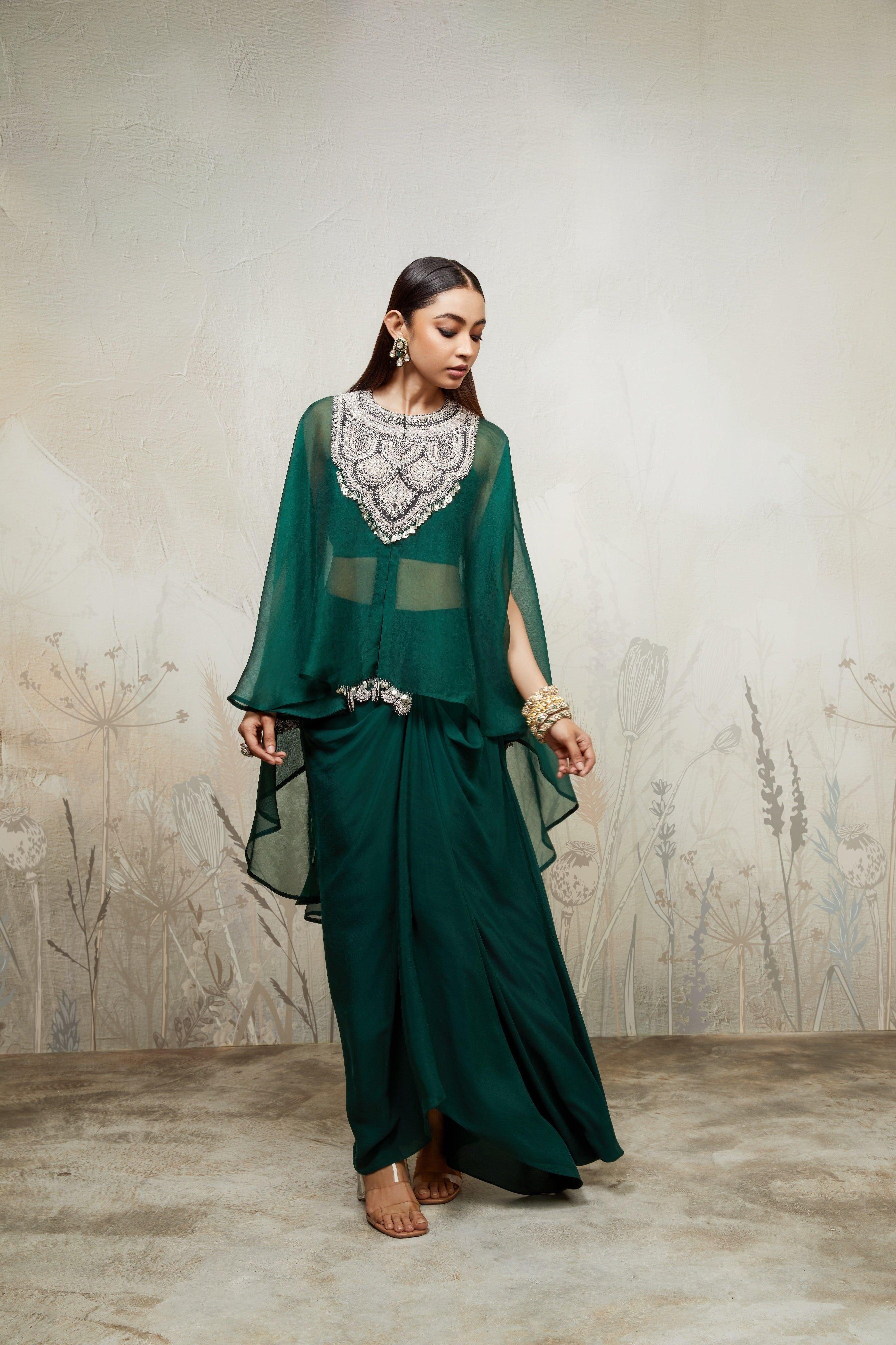 Bottle Green Umbrella Kaftan with Bustier and Drape Skirt - Mokshaa