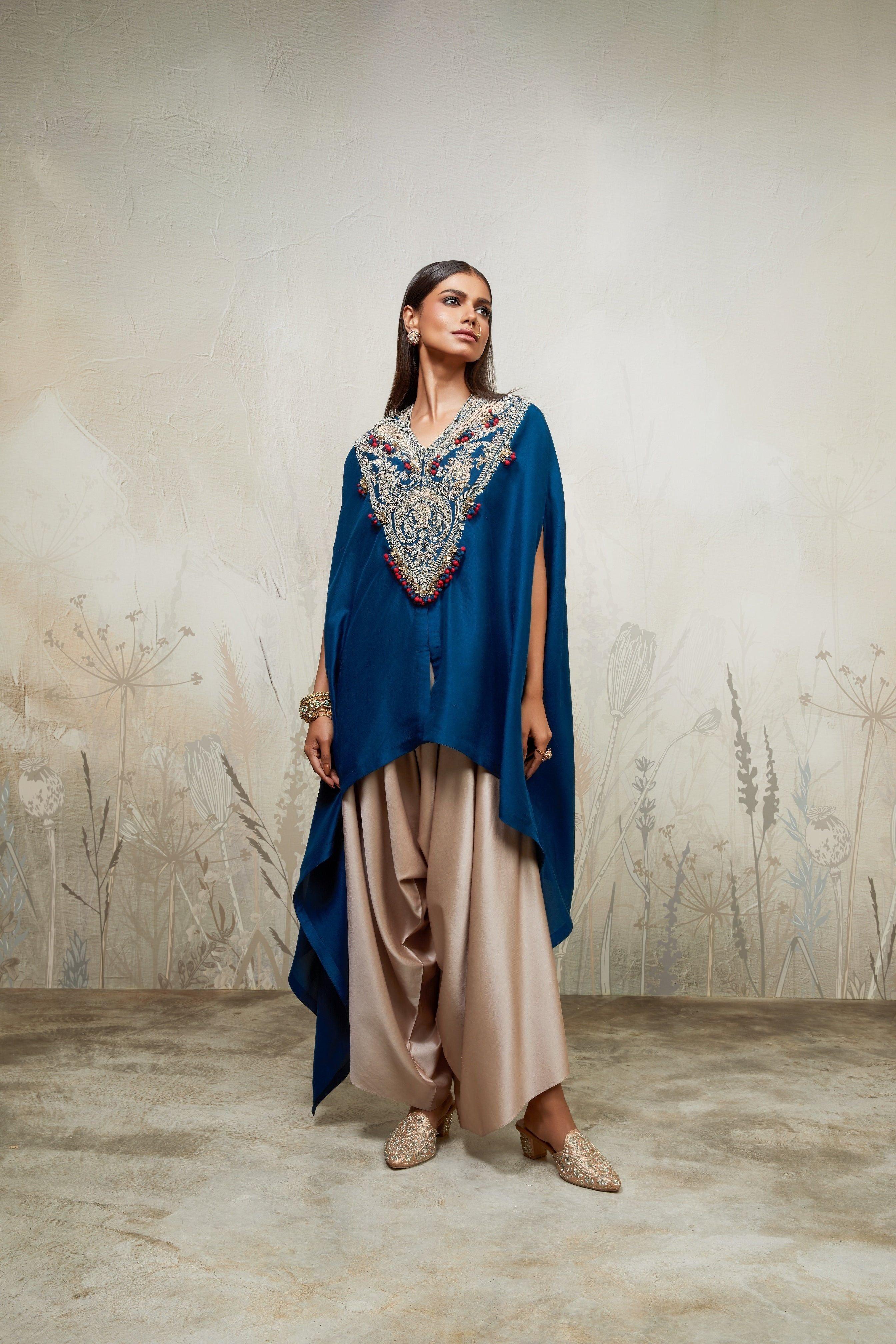 Blue V-Neck Kaftan with Asymmetric Pants - Mokshaa