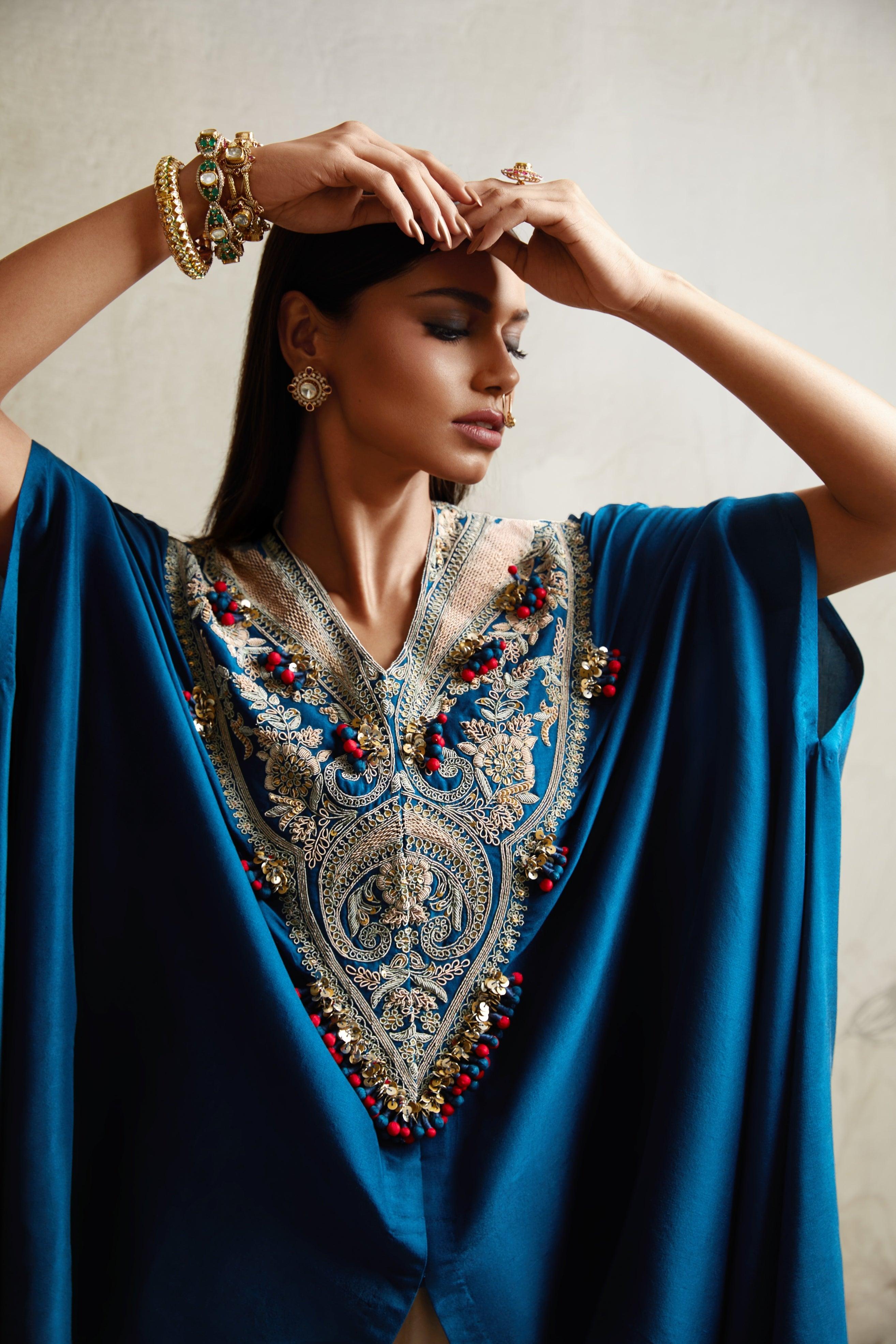 Blue V-Neck Kaftan with Asymmetric Pants - Mokshaa