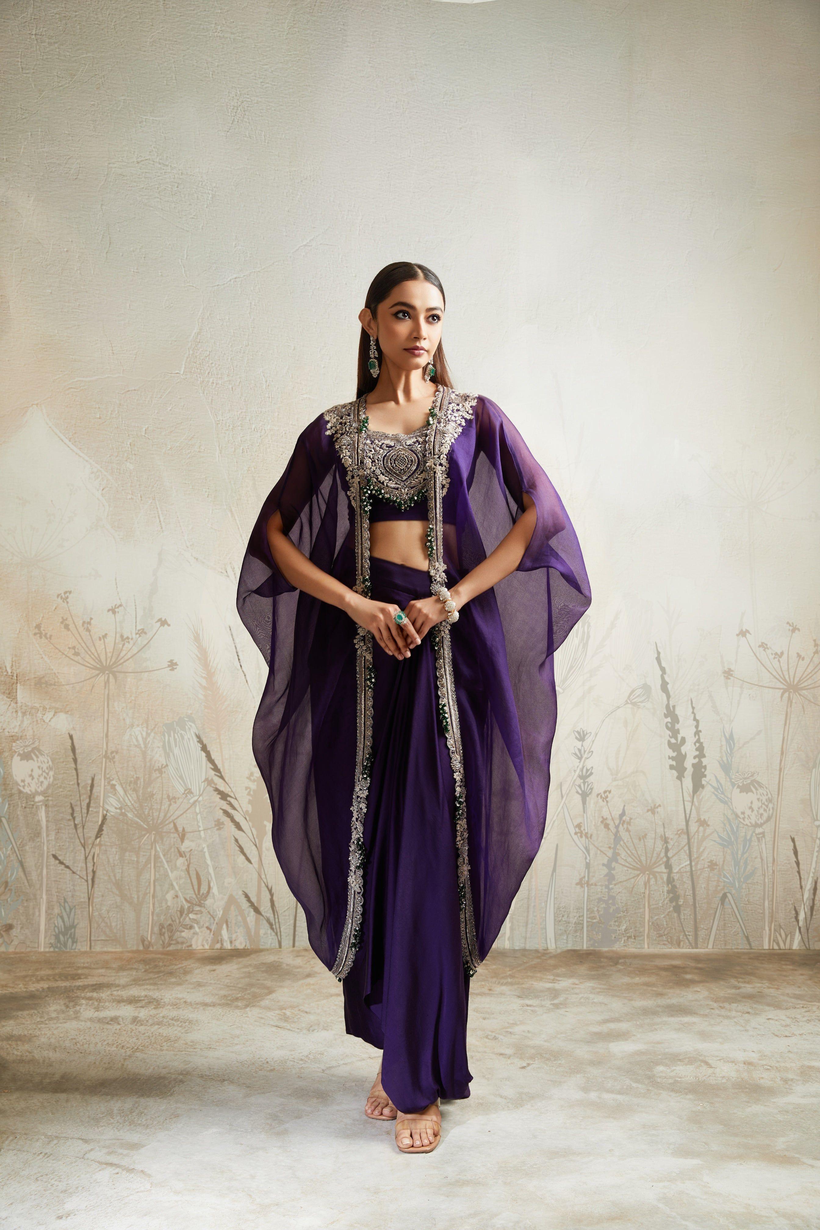 Dark Purple Blouse with Skirt and Cape - Mokshaa