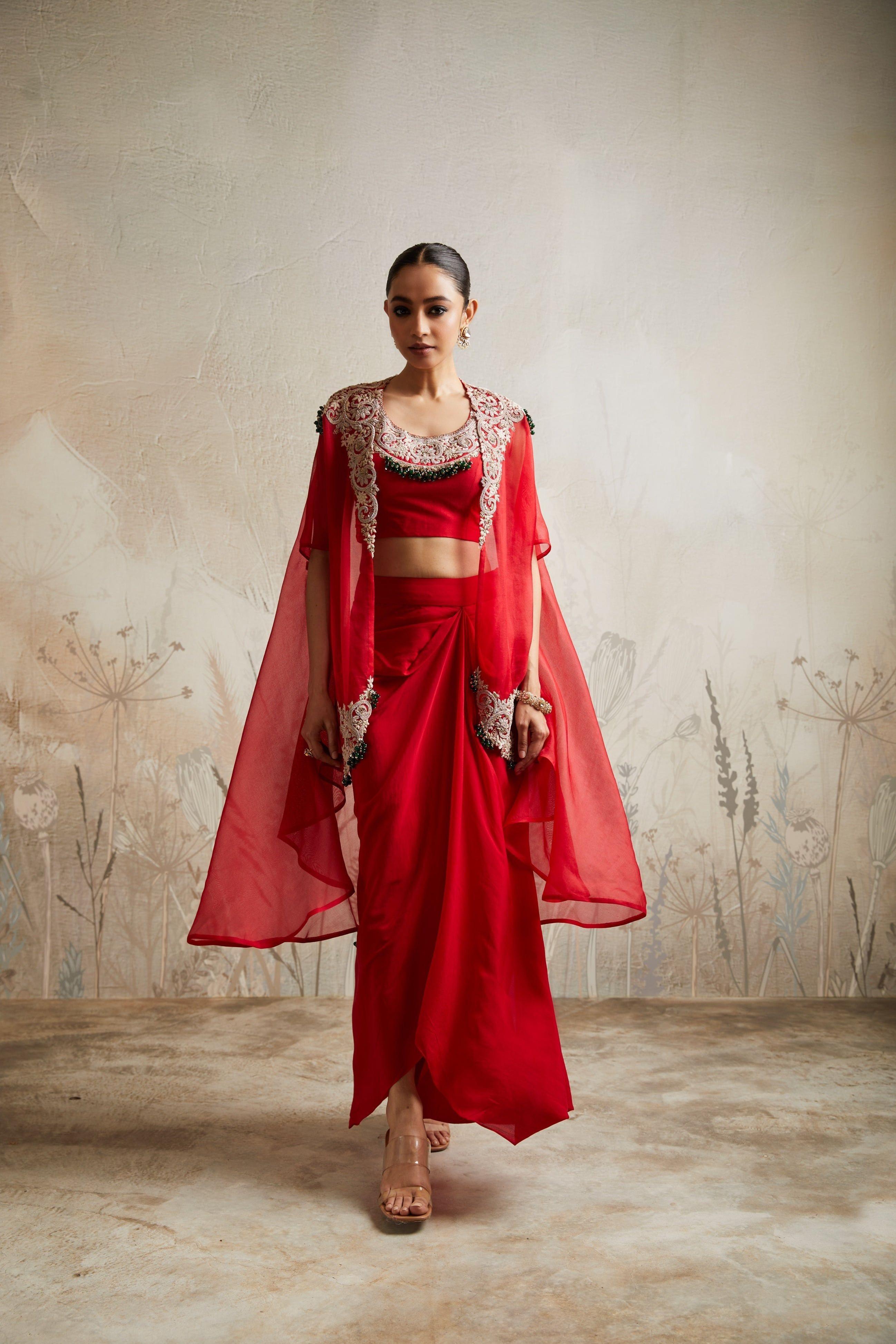 Red Blouse with Skirt and Cape - Mokshaa