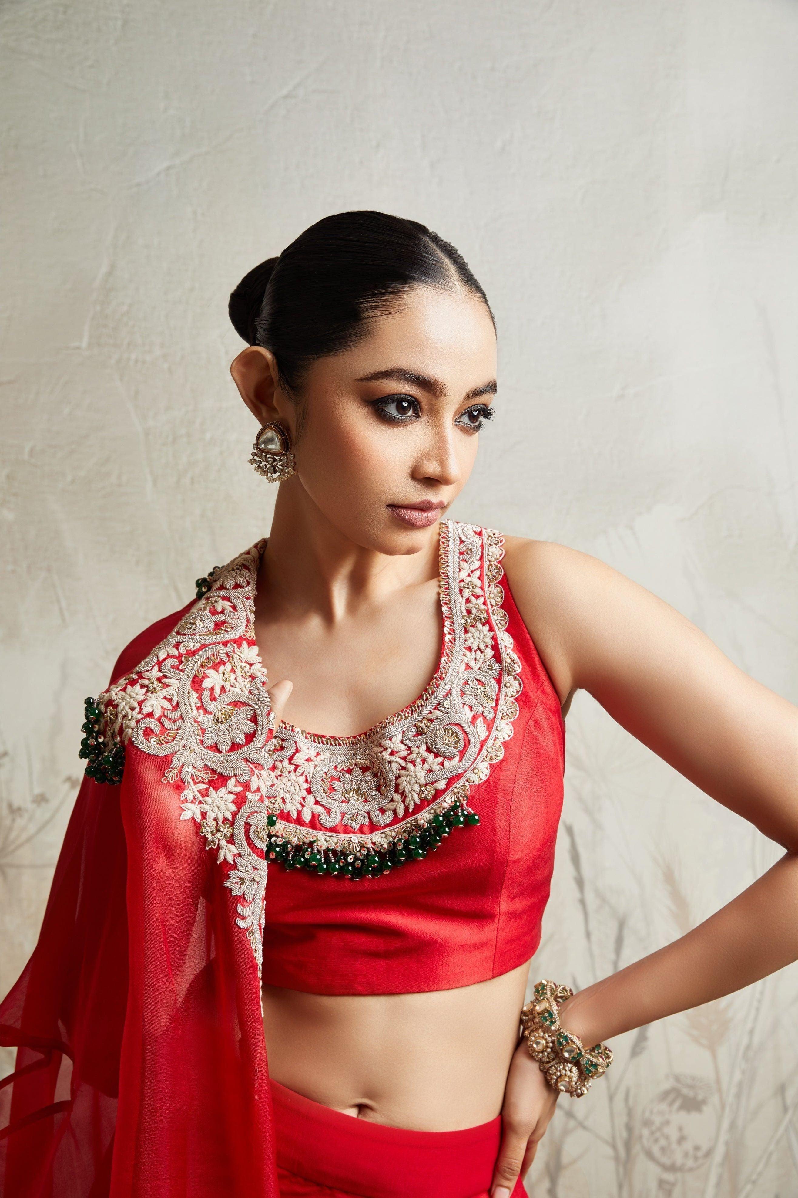Red Blouse with Skirt and Cape - Mokshaa