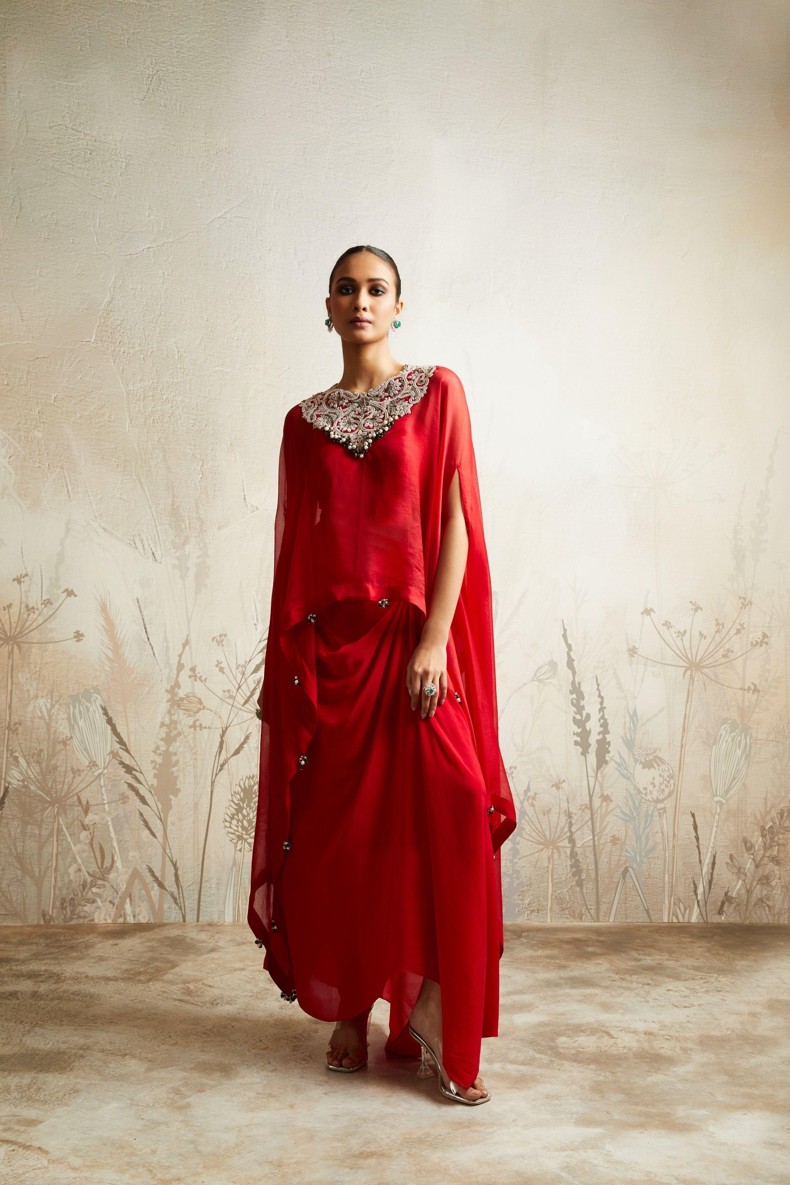 Red A-Line Kaftan with Bustier and Drape Skirt - Mokshaa
