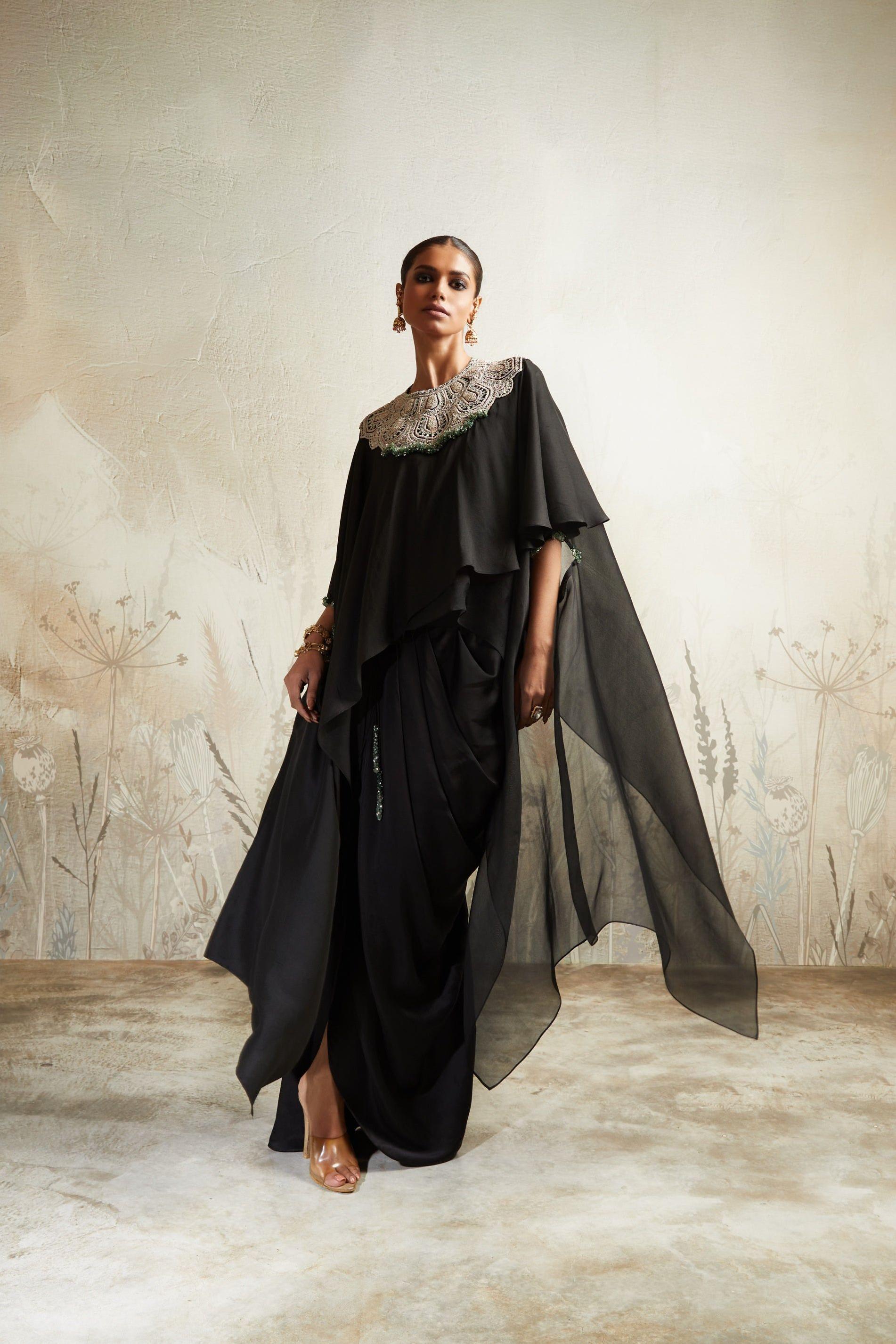 Black A-Line Kaftan with Drape Skirt - Mokshaa