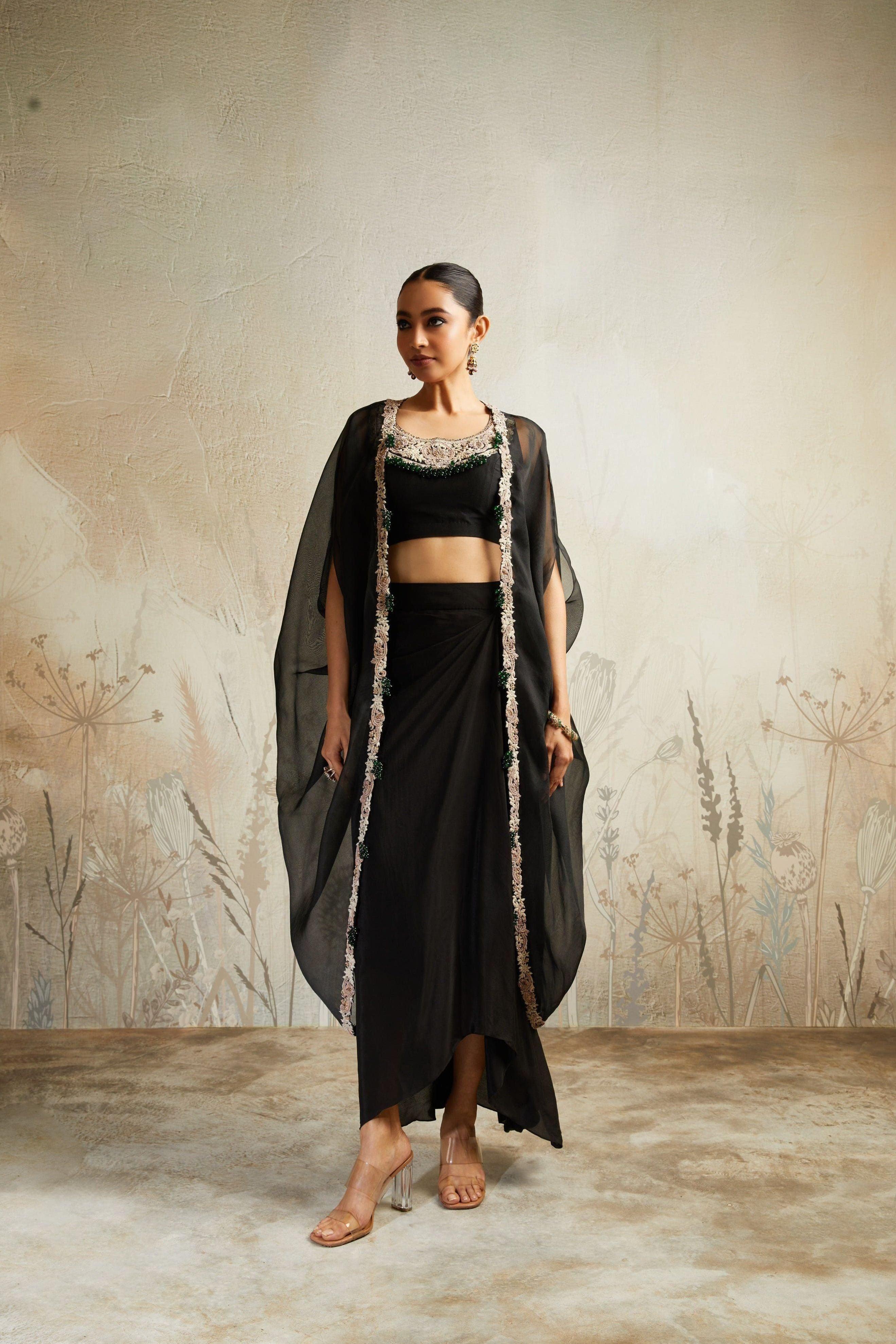 Black Blouse with Skirt and Cape - Mokshaa