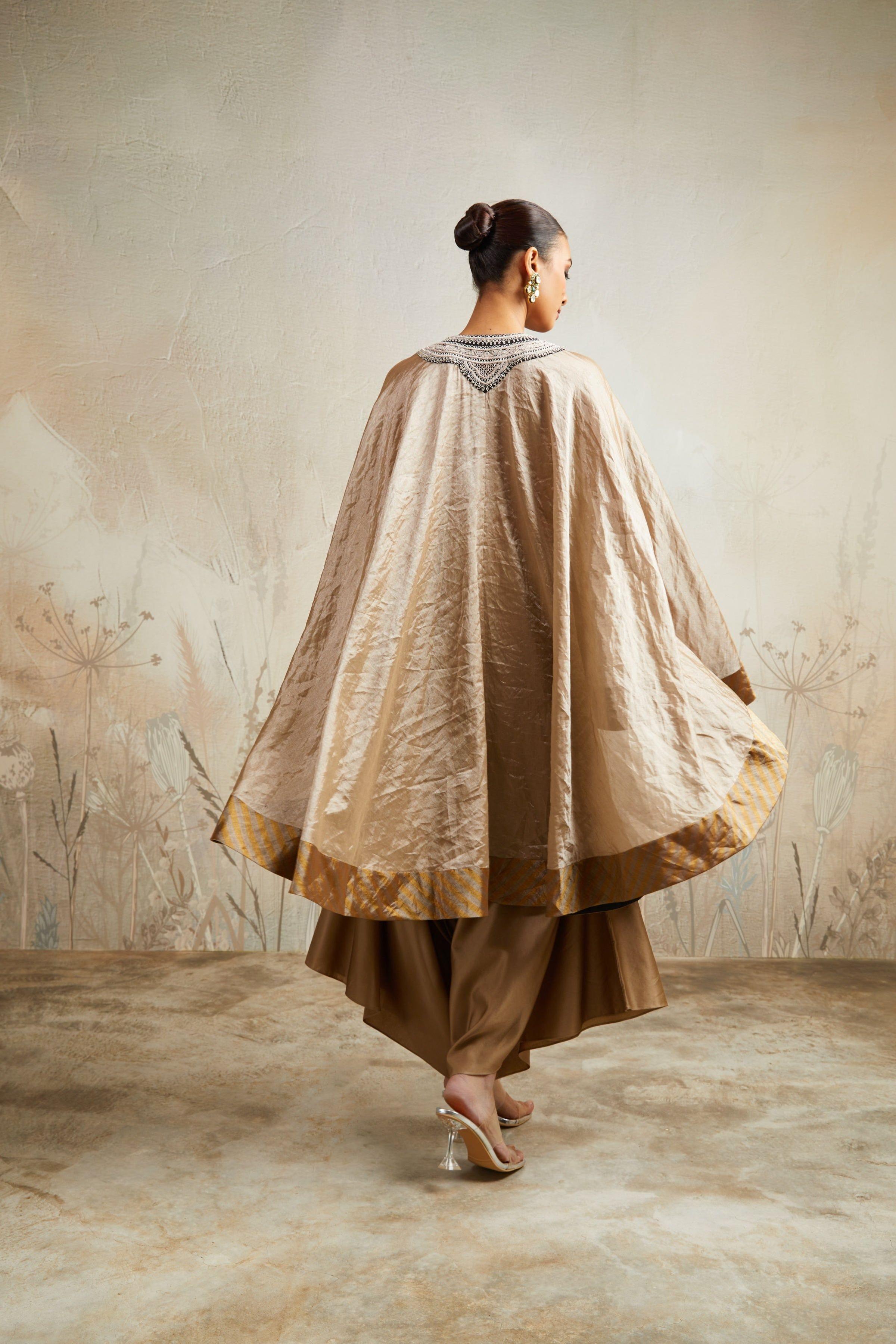 Champagne Umbrella Kaftan with Asymmetric Pants - Mokshaa