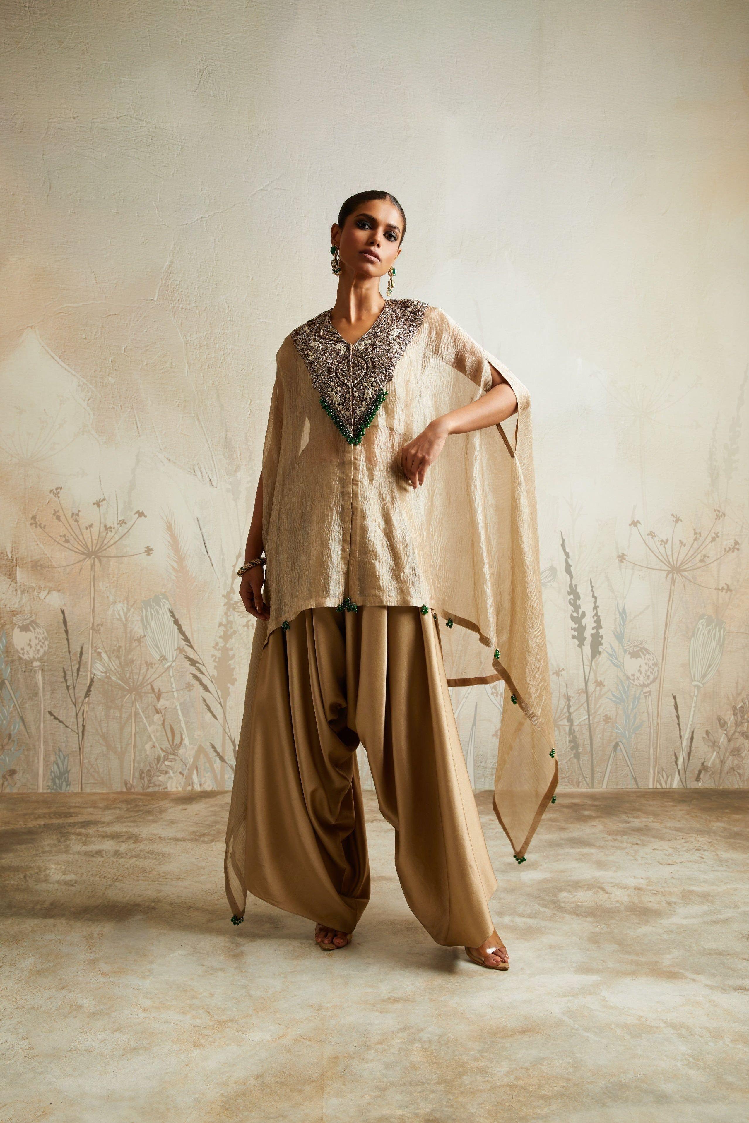 Champagne Kaftan with Bustier and Asymmetric Pants - Mokshaa