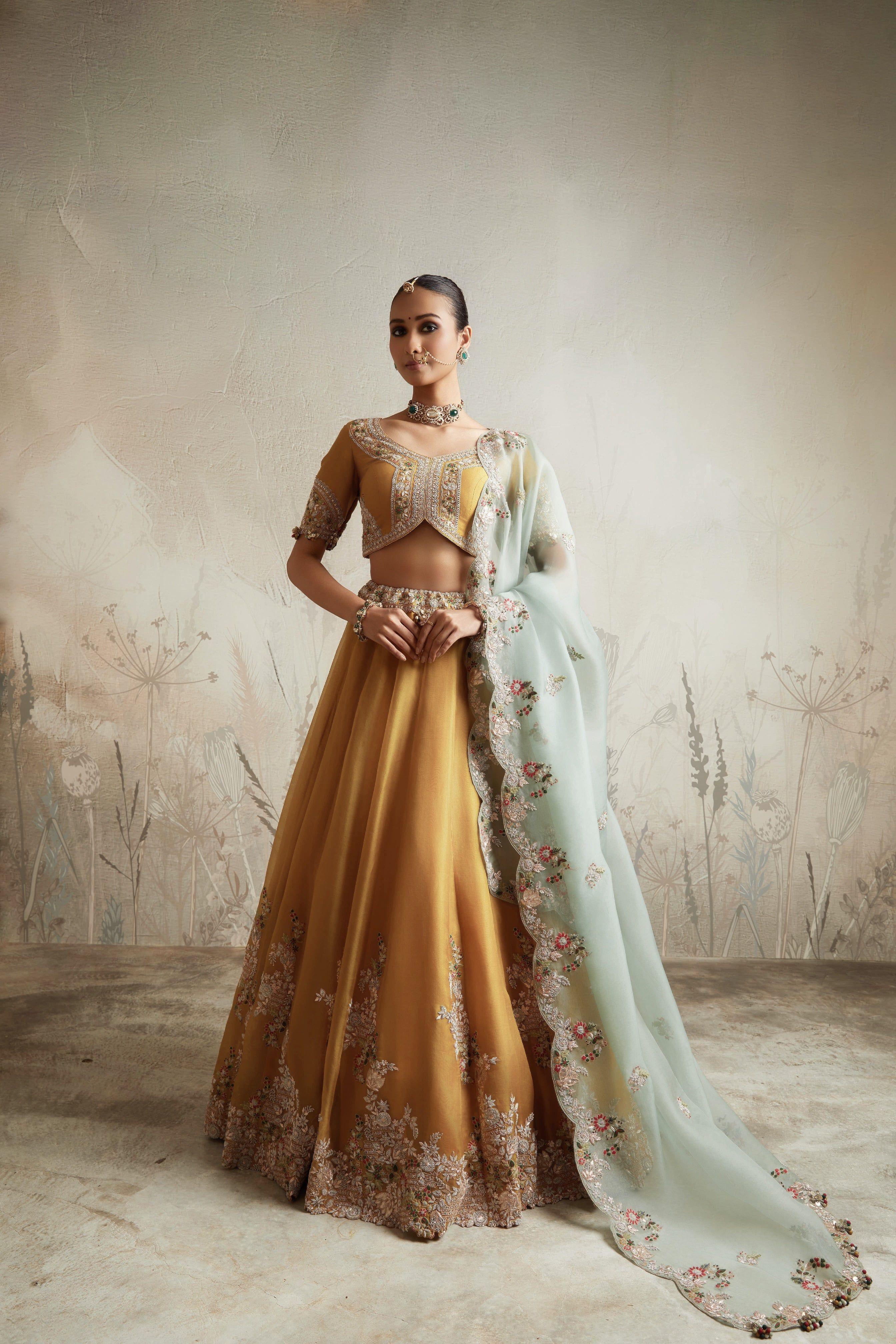 Mustard Embroidered Lehenga Set - Mokshaa