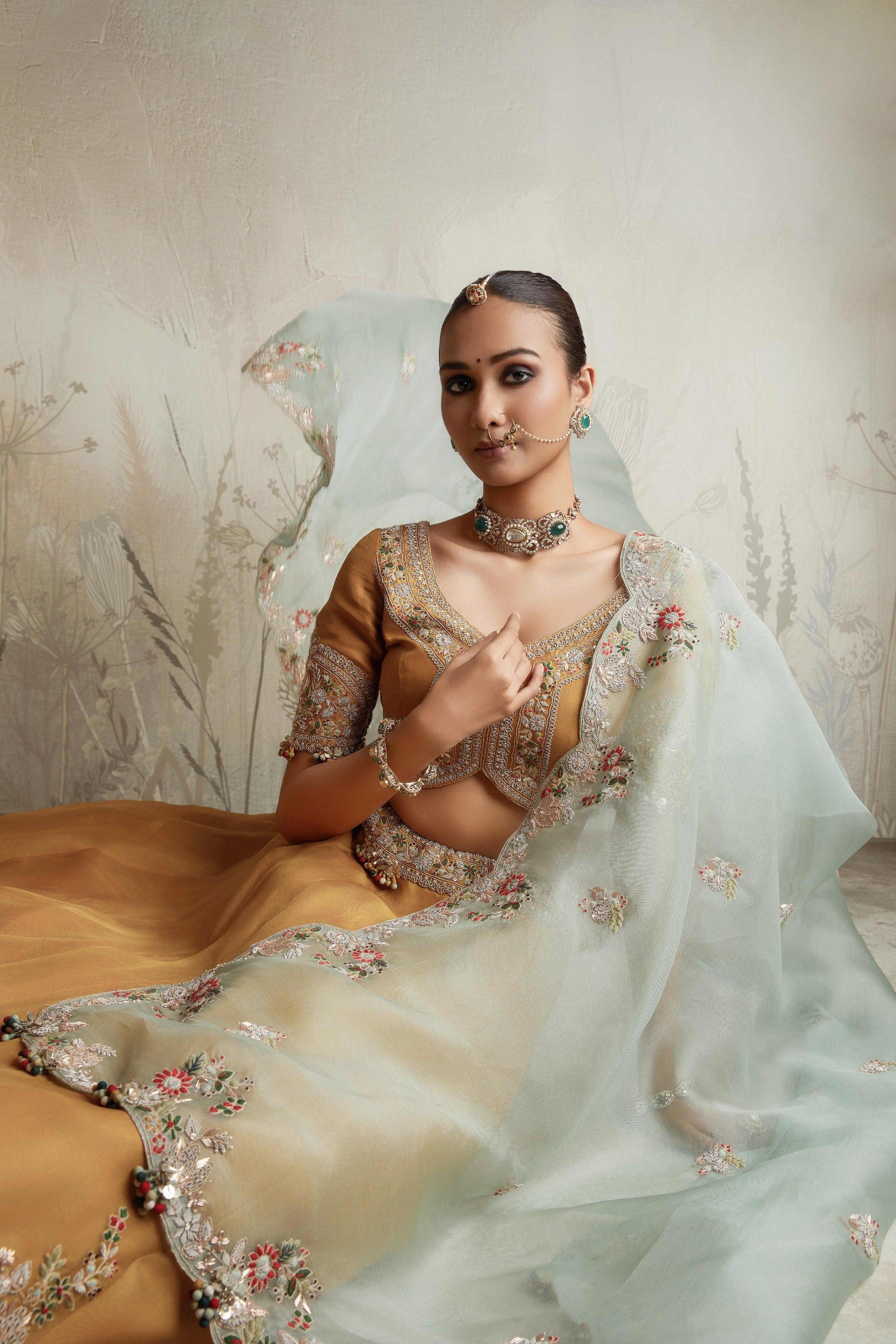 Mustard Embroidered Lehenga Set - Mokshaa