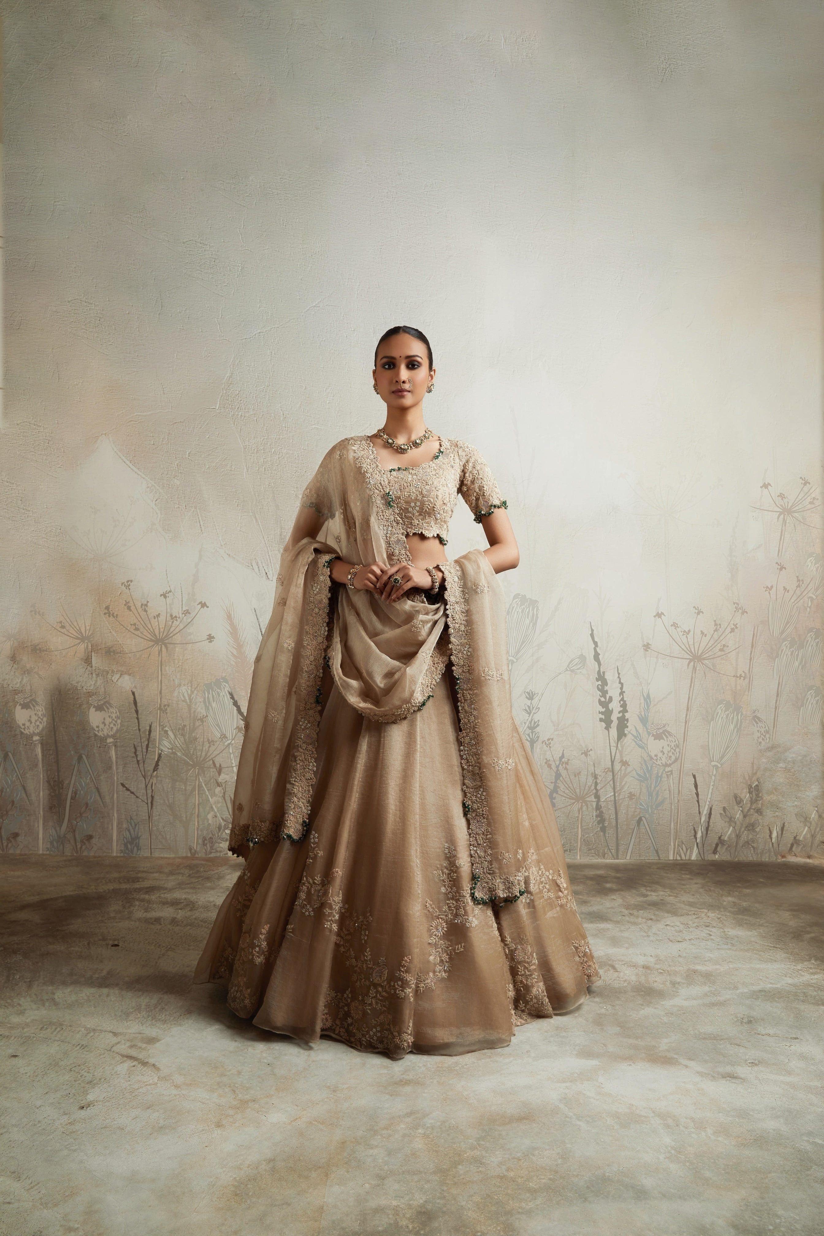 Beige Embroidered Lehenga Set - Mokshaa