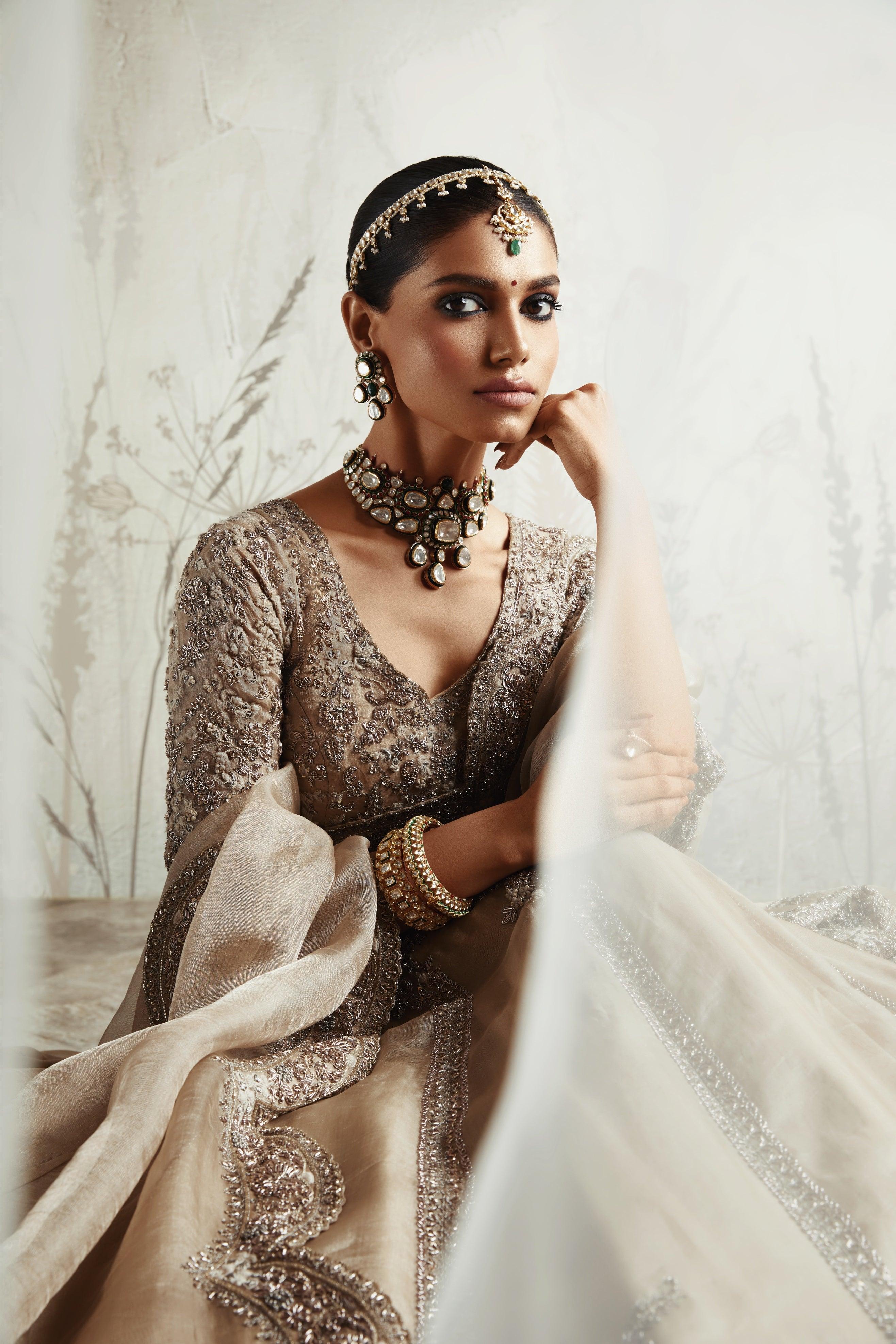 Beige Zardozi Embroidered Tissue Lehenga Set - Mokshaa