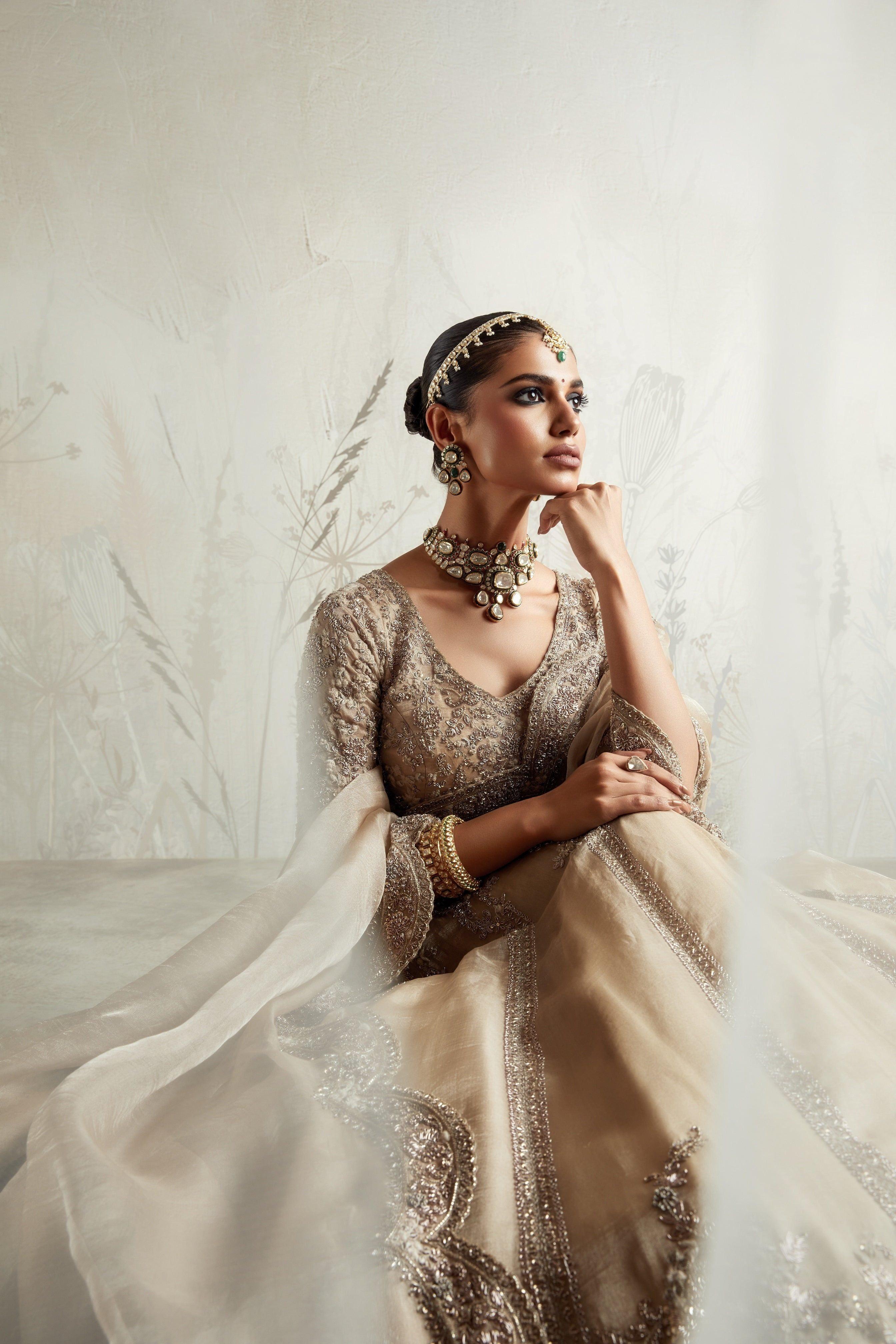 Beige Zardozi Embroidered Tissue Lehenga Set - Mokshaa
