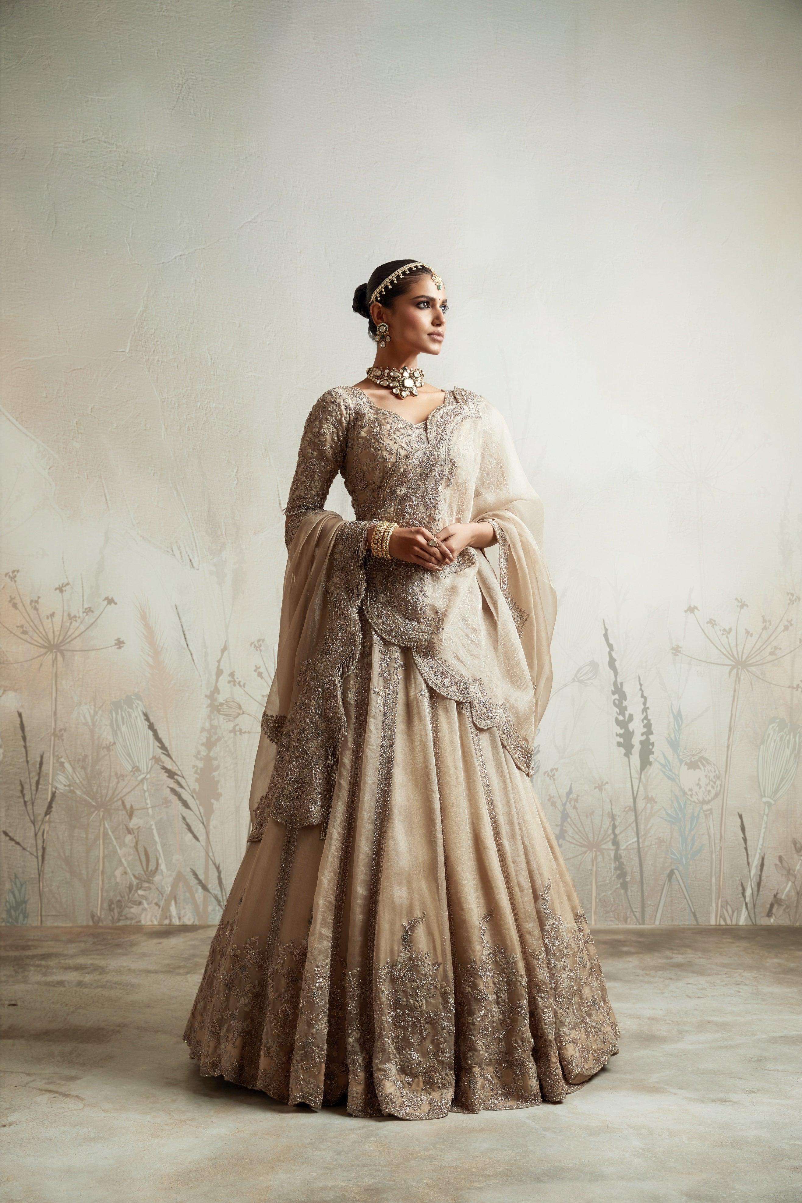 Beige Zardozi Embroidered Tissue Lehenga Set - Mokshaa