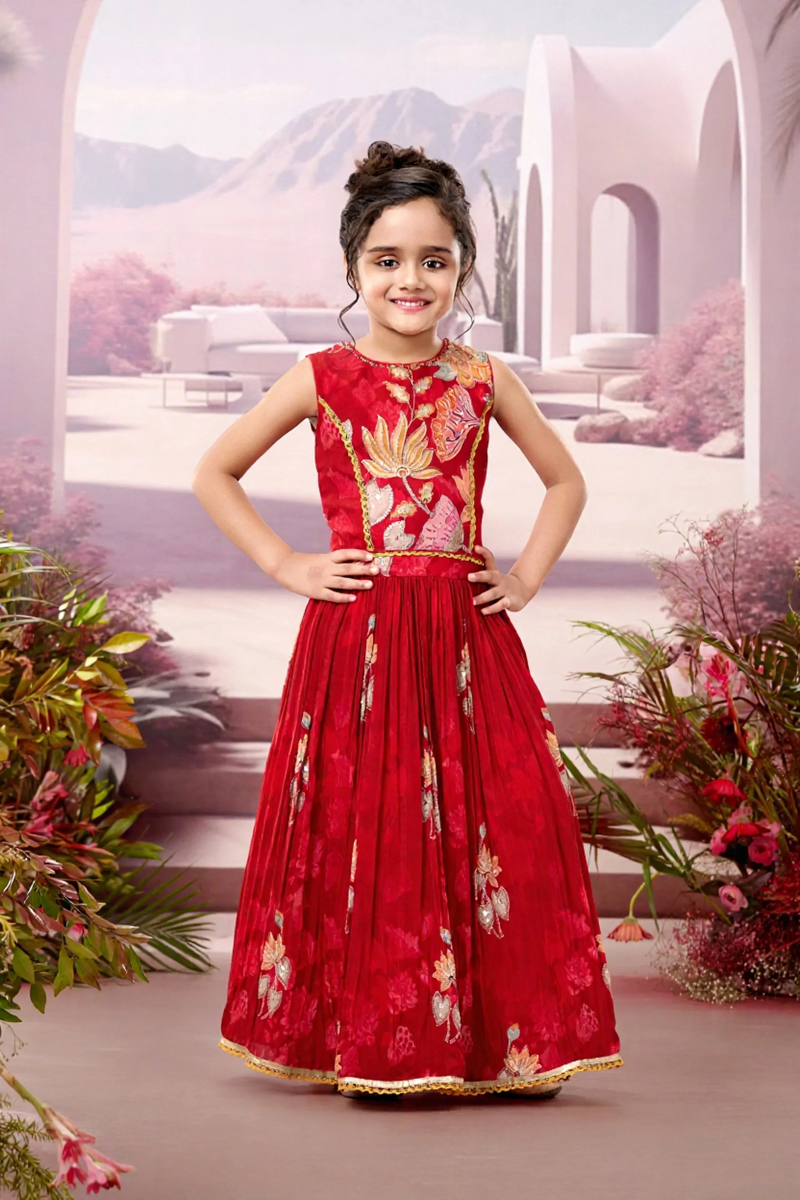 Red Printed Lehenga Set for Girls - Mokshaa