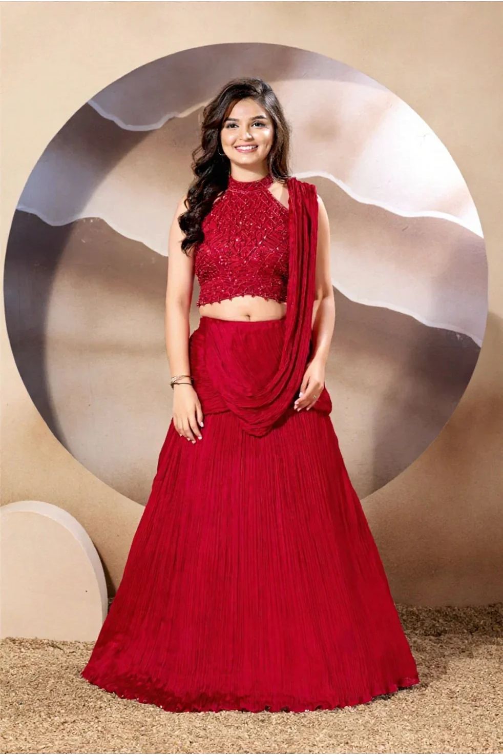 Crimson Pleated Lehenga Set - Mokshaa