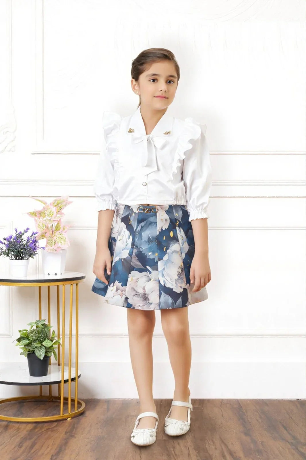 Ivory Ruffle Shirt & Floral Skirt Set - Mokshaa