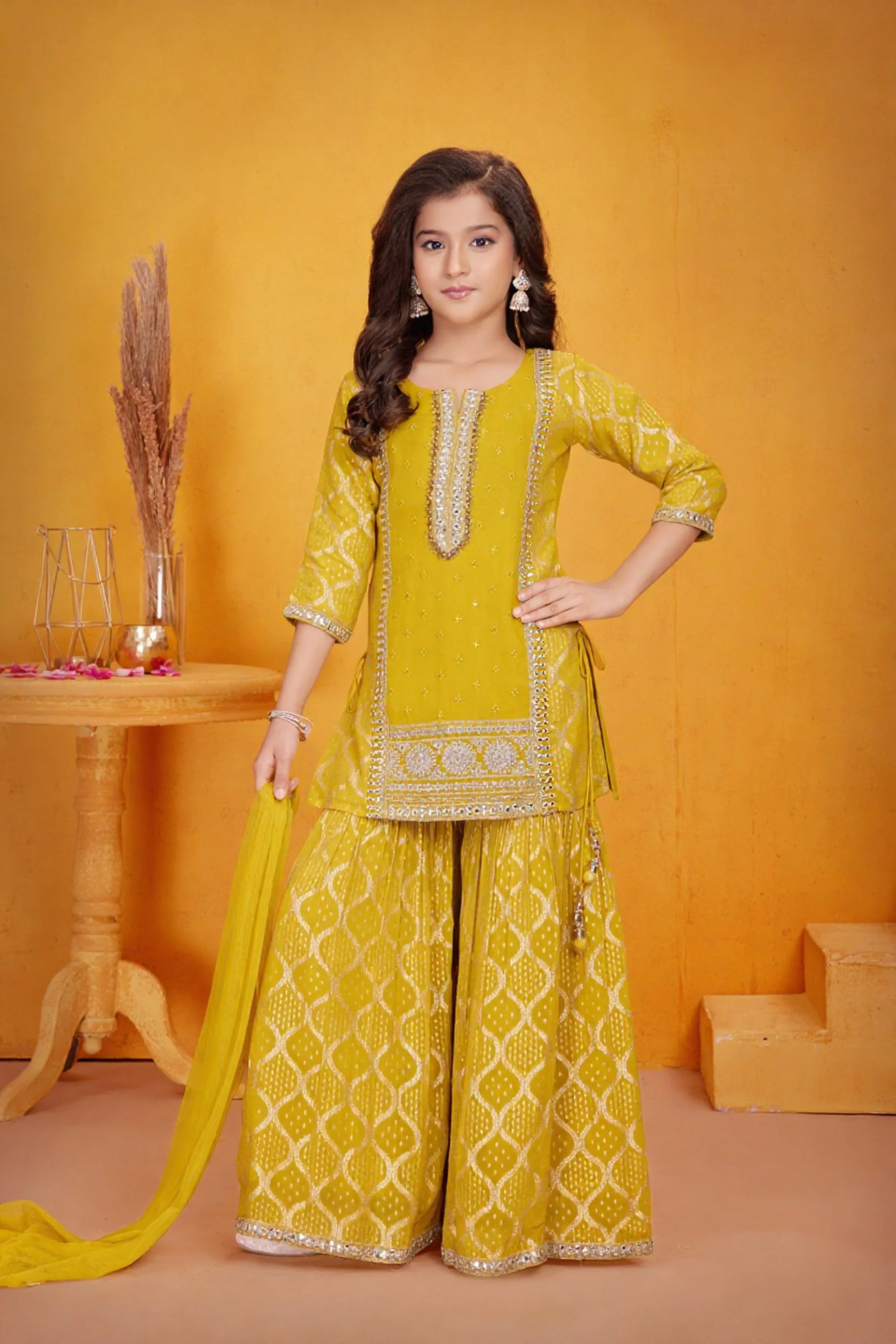 Mustard Bandhej Kurti Sharara Set - Mokshaa