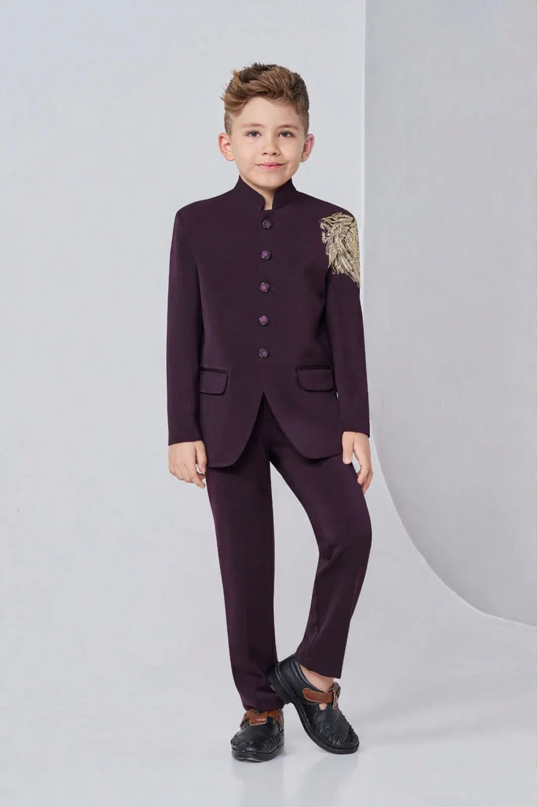 Wine Jodhpuri Suit with Gold Shoulder Embellishment - Mokshaa