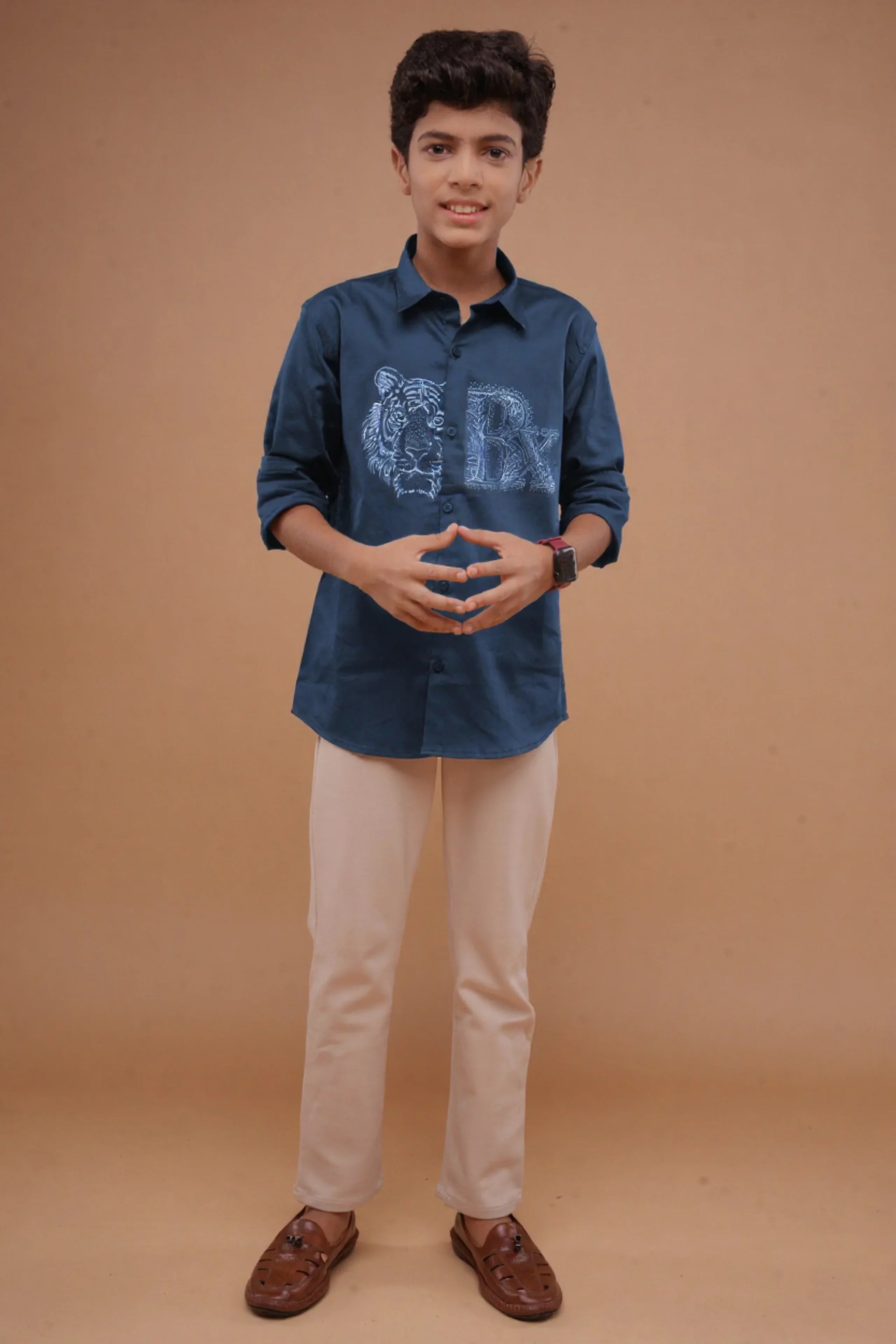 Teal Blue Printed Boys Shirt - Mokshaa