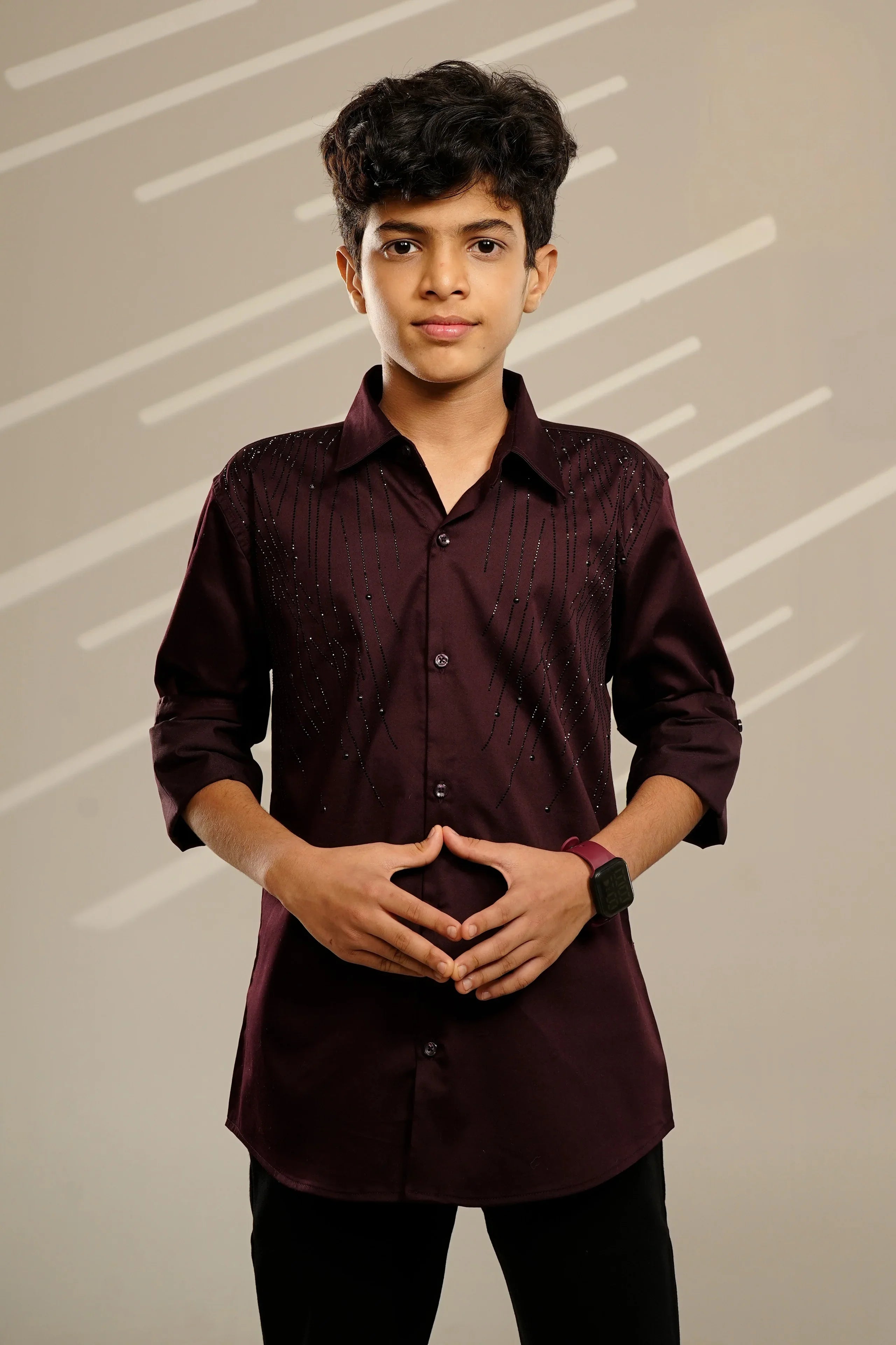 Wine Embellished Party Wear Boys Shirt - Mokshaa