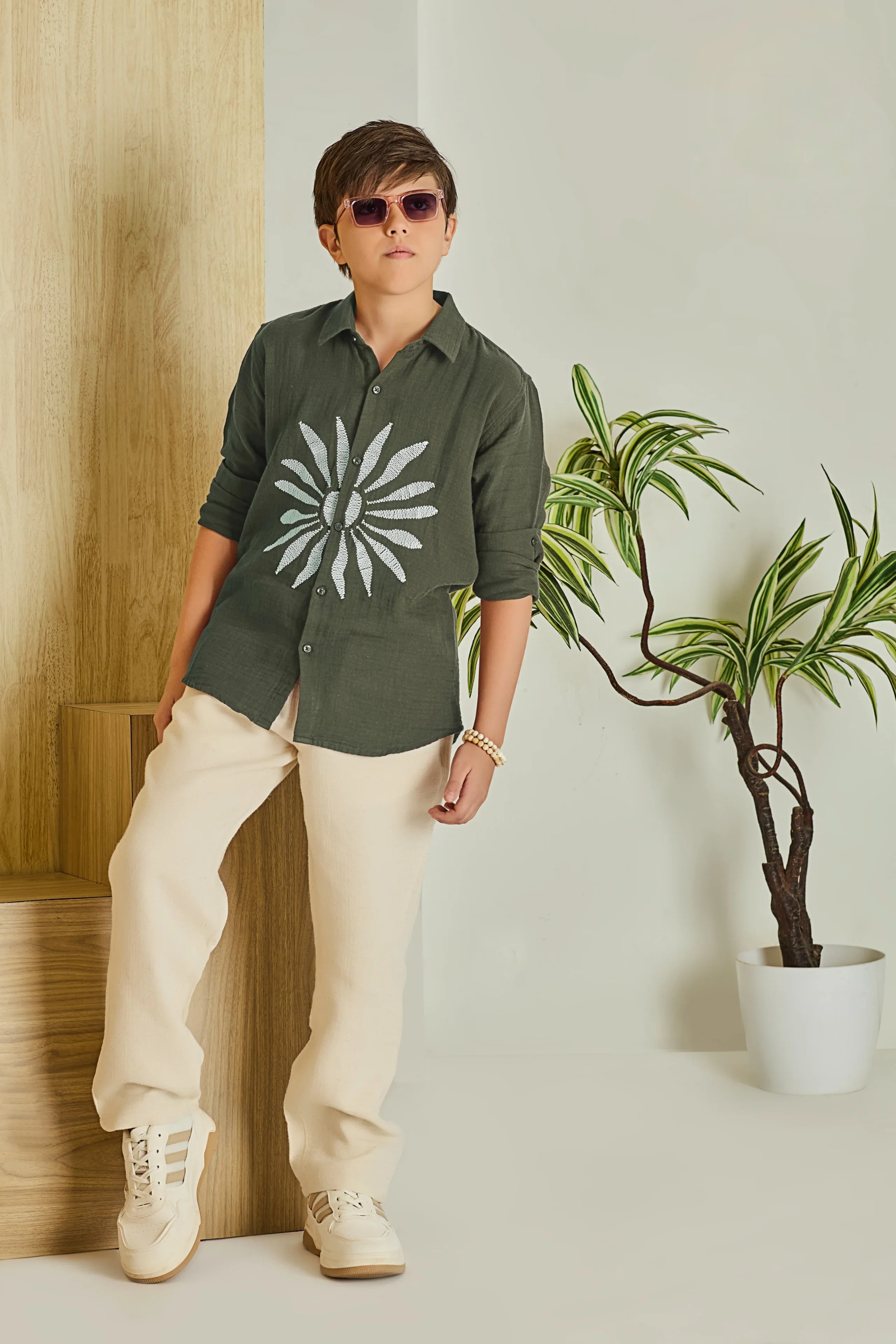 Olive Green Sunburst Embroidered Boys Shirt - Mokshaa