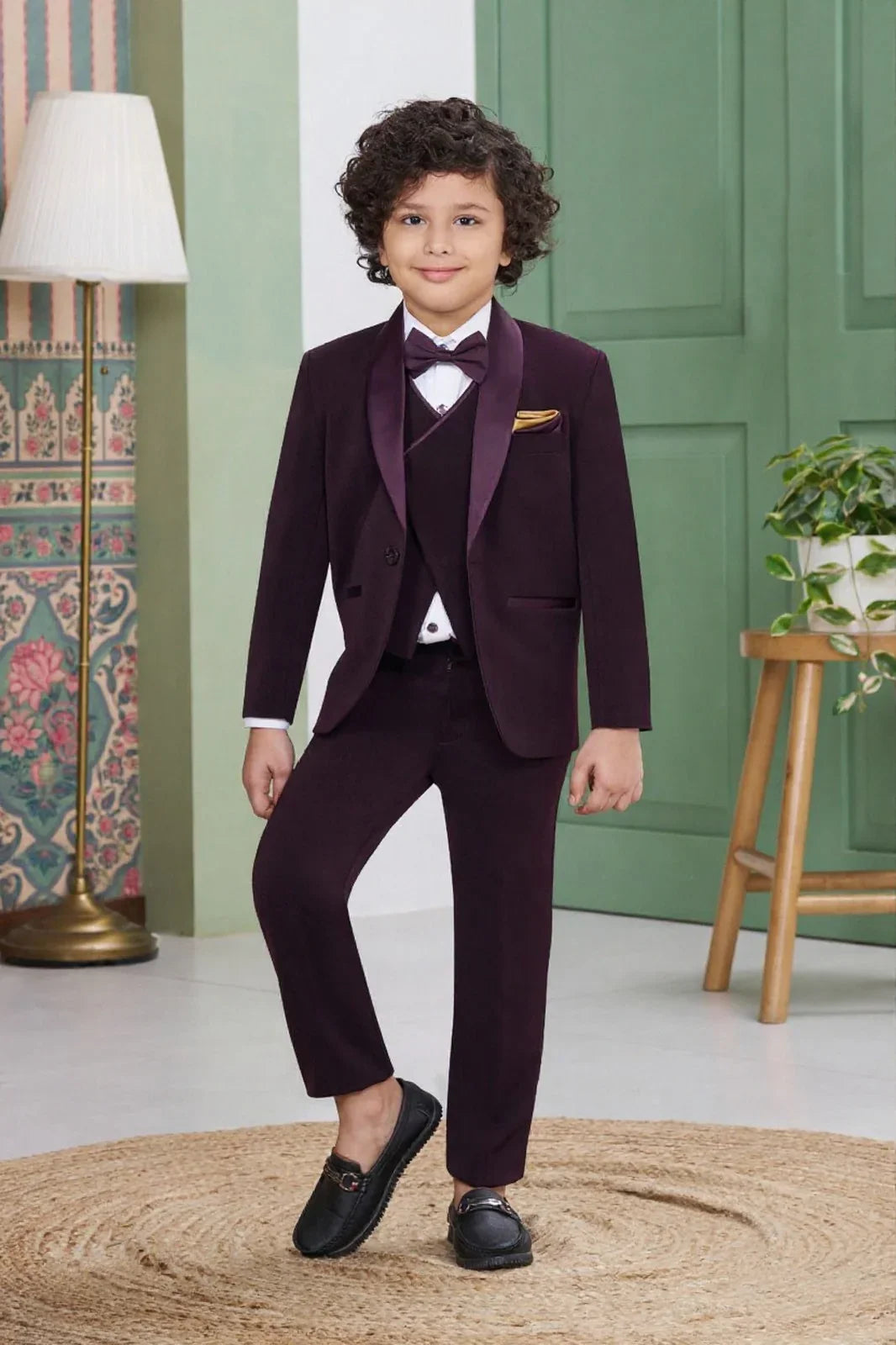 Boys Wine Tuxedo Suit Set - Mokshaa