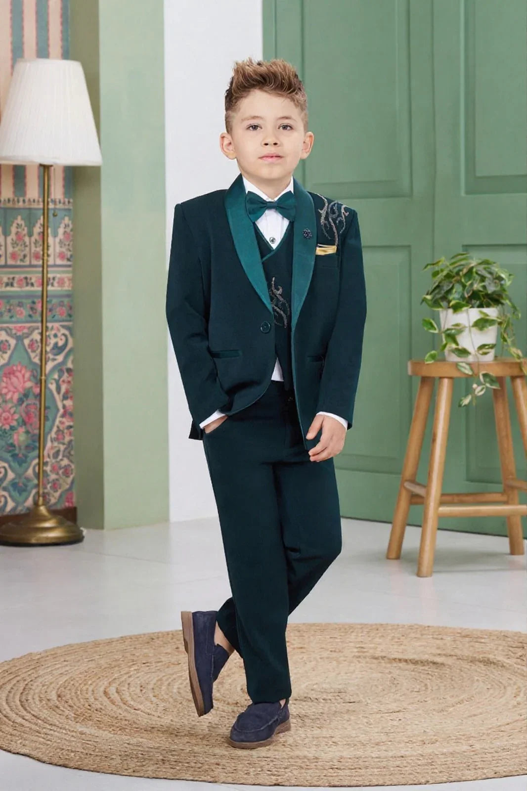 Boys Emerald Green Tuxedo Suit Set - Mokshaa