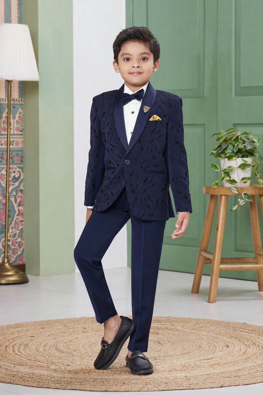 Boys' Premium Navy Blue Textured Tuxedo Suit Set - Mokshaa