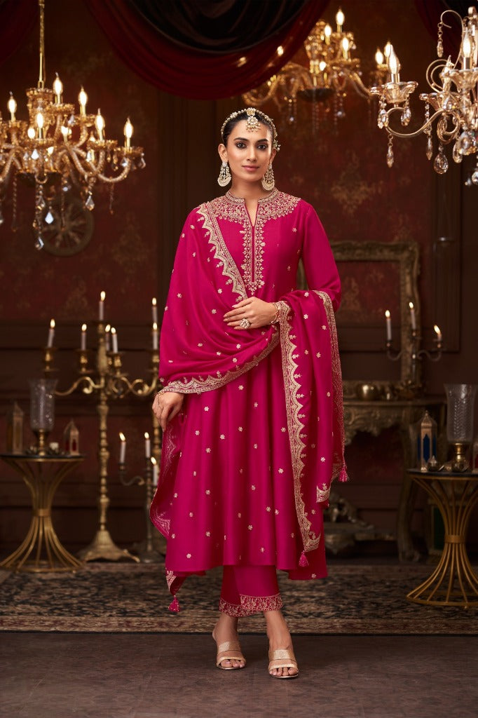 Magenta Silk Short Anarkali Suit - Mokshaa